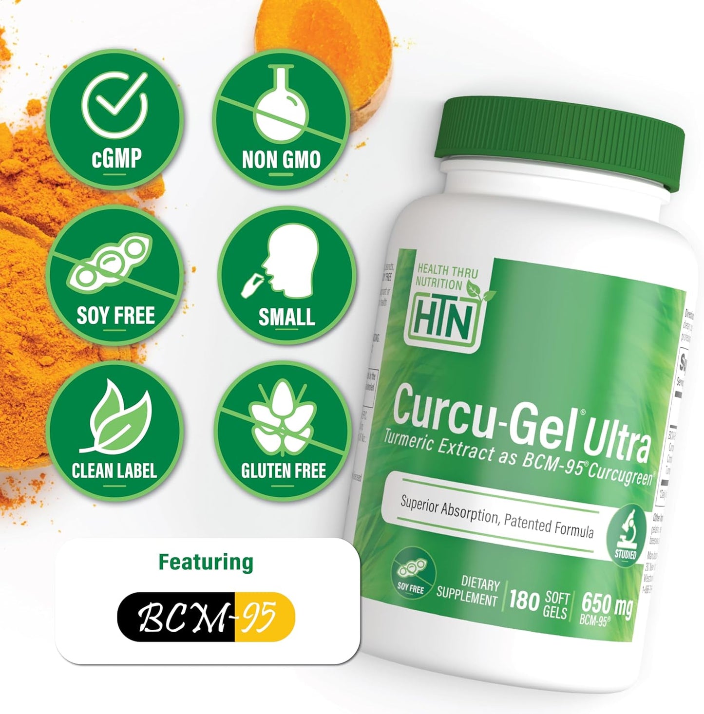 Curcu-Gel 650mg BCM-95® CurcuGreen Turmeric Curcumin Capsules - 180 Count - High Absorption Formula for Healthy Inflammation Response - Clinically Proven & Non-GMO - BoostGo Australia