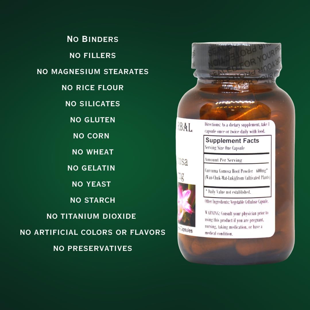 Curcuma Comosa Powder Capsules for Women's Hormonal Balance - 600mg, 60 Vegetarian Capsules in Glass Bottle