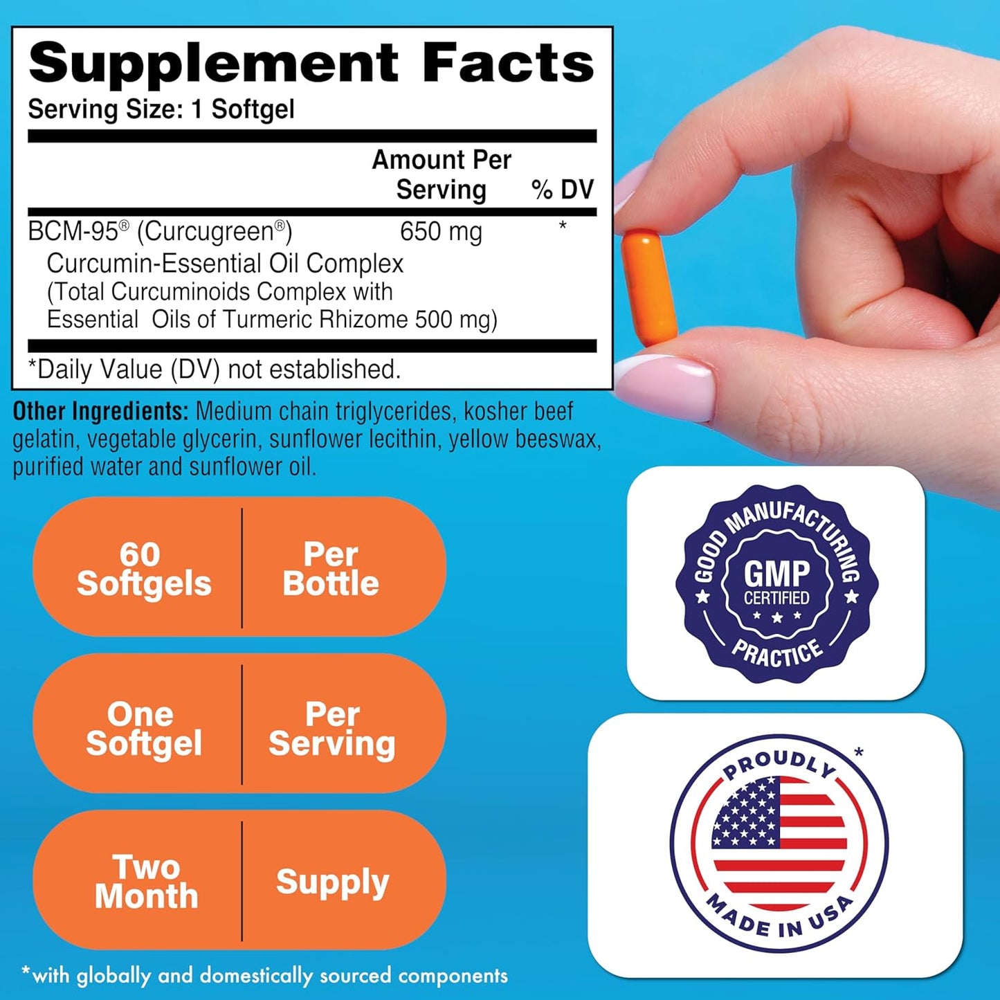 Curcumin 650mg BCM-95 Curcugreen Complex for Healthy Inflammation | High Absorption Turmeric | Clinically Studied | Non-GMO | Pack of 60