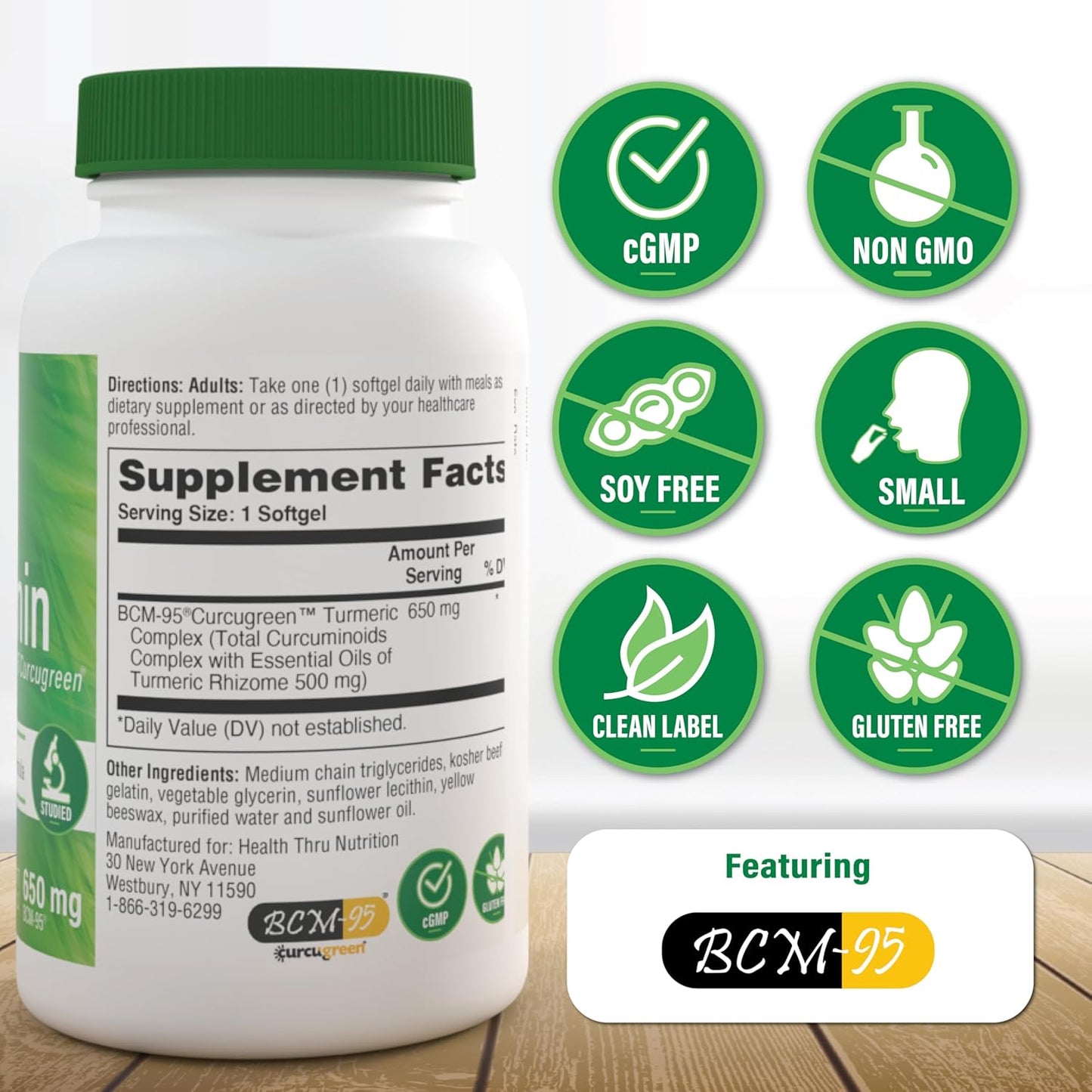 Curcumin 650mg BCM-95 Curcugreen Complex for Healthy Inflammation | High Absorption Turmeric | Clinically Studied | Non-GMO | Pack of 60