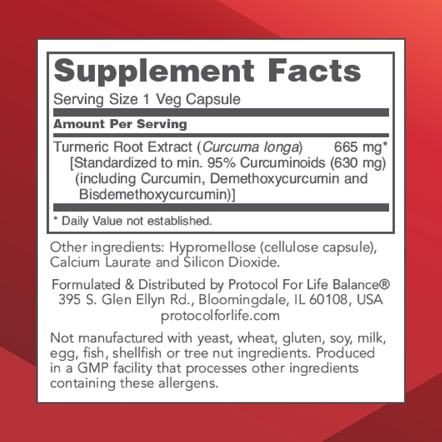 Curcumin Turmeric Root Extract 665mg Capsules - 95% Standardized Curcuminoids - Non-GMO & Kosher - Protocol for Life Balance