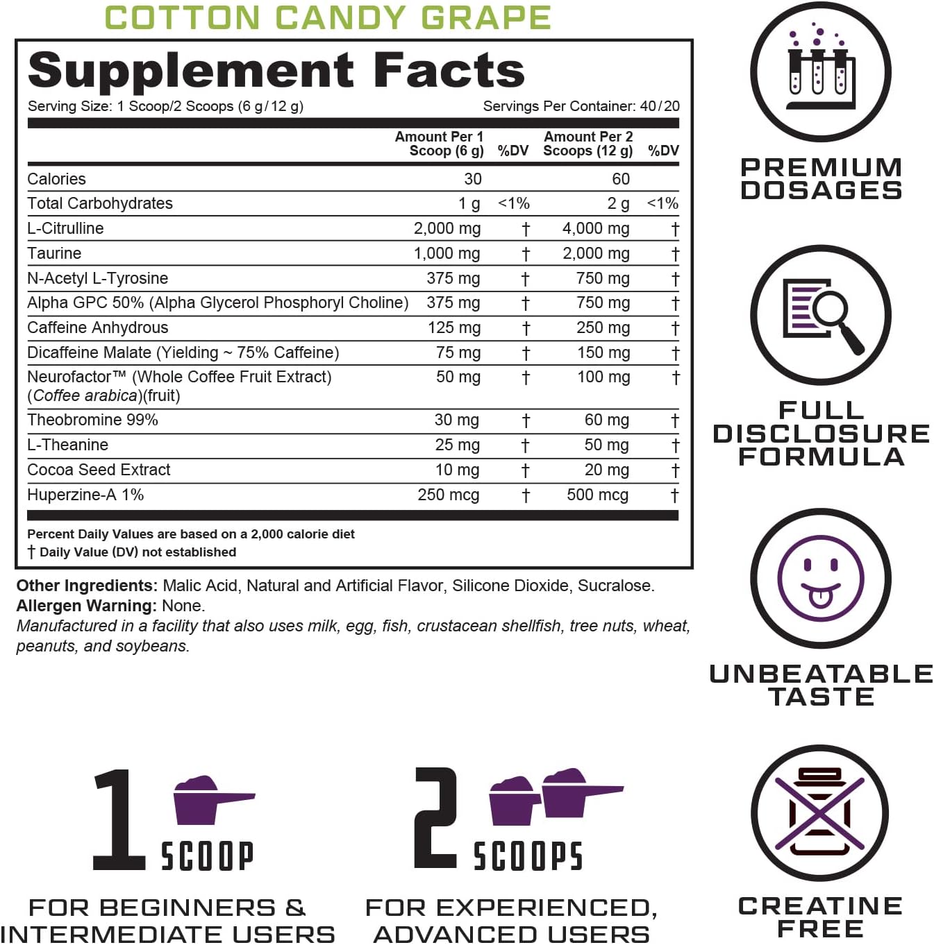 Cutler Nutrition Prevail Pre Workout Powder: Energy and Focus Supplement with Nootropics, L Citrulline, Alpha GPC, L Tyrosine - Cotton Candy Grape, 40 Servings for Men and Women