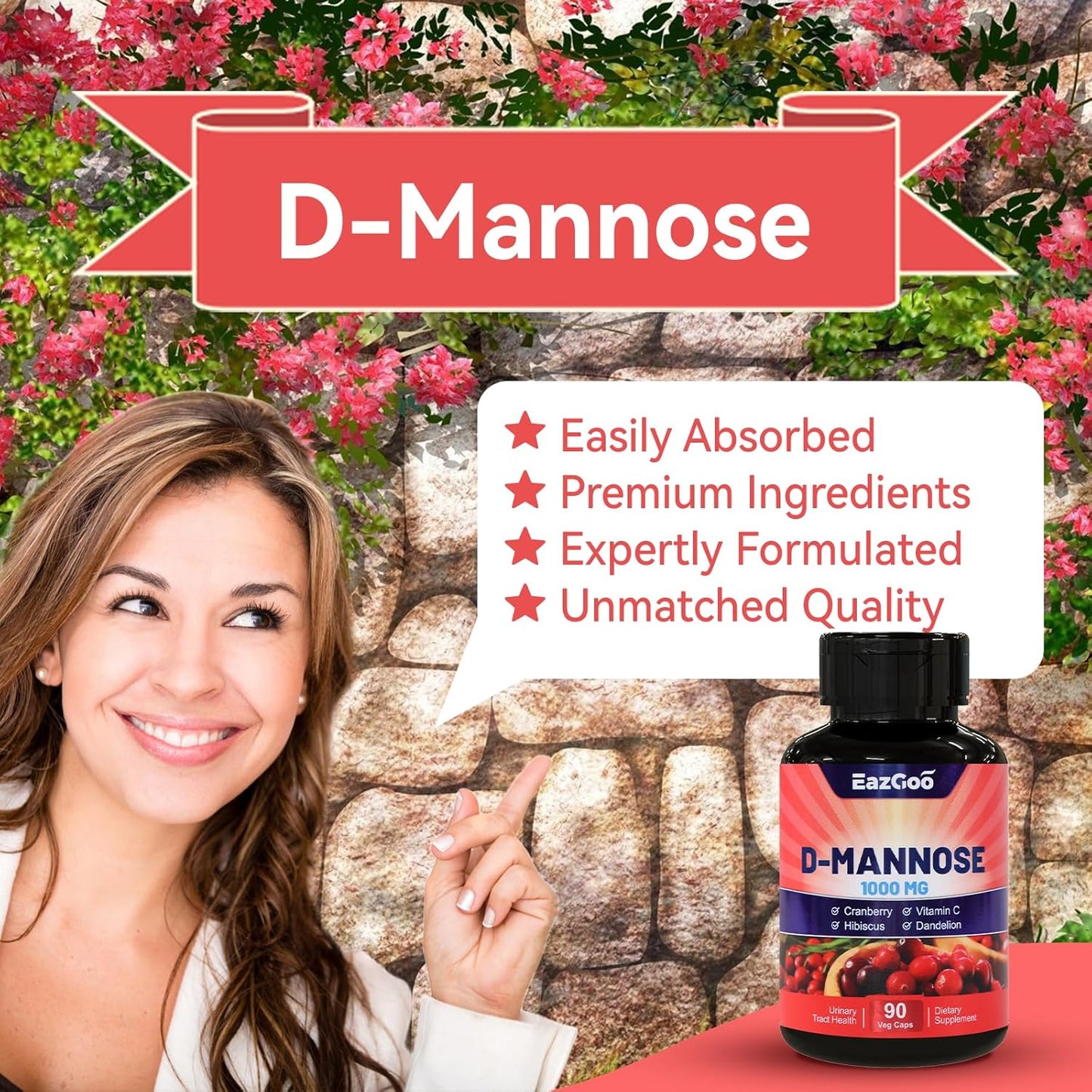D-Mannose 1000mg Capsules with Cranberry & Vitamin C - 90 Count (Pack of 2)