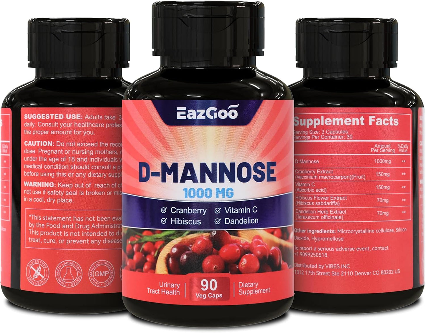 D-Mannose 1000mg Capsules with Cranberry & Vitamin C - 90 Count (Pack of 2)