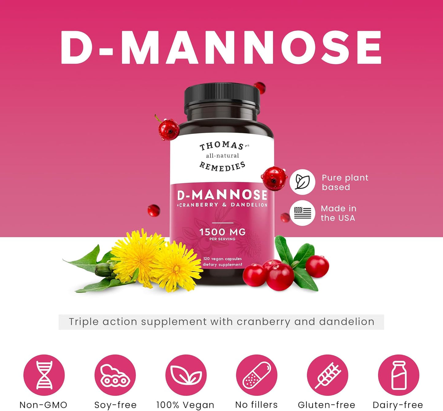 D-Mannose 1200mg Capsules with Cranberry and Dandelion - Natural UTI Support - Vegan Formula - 120 Capsules