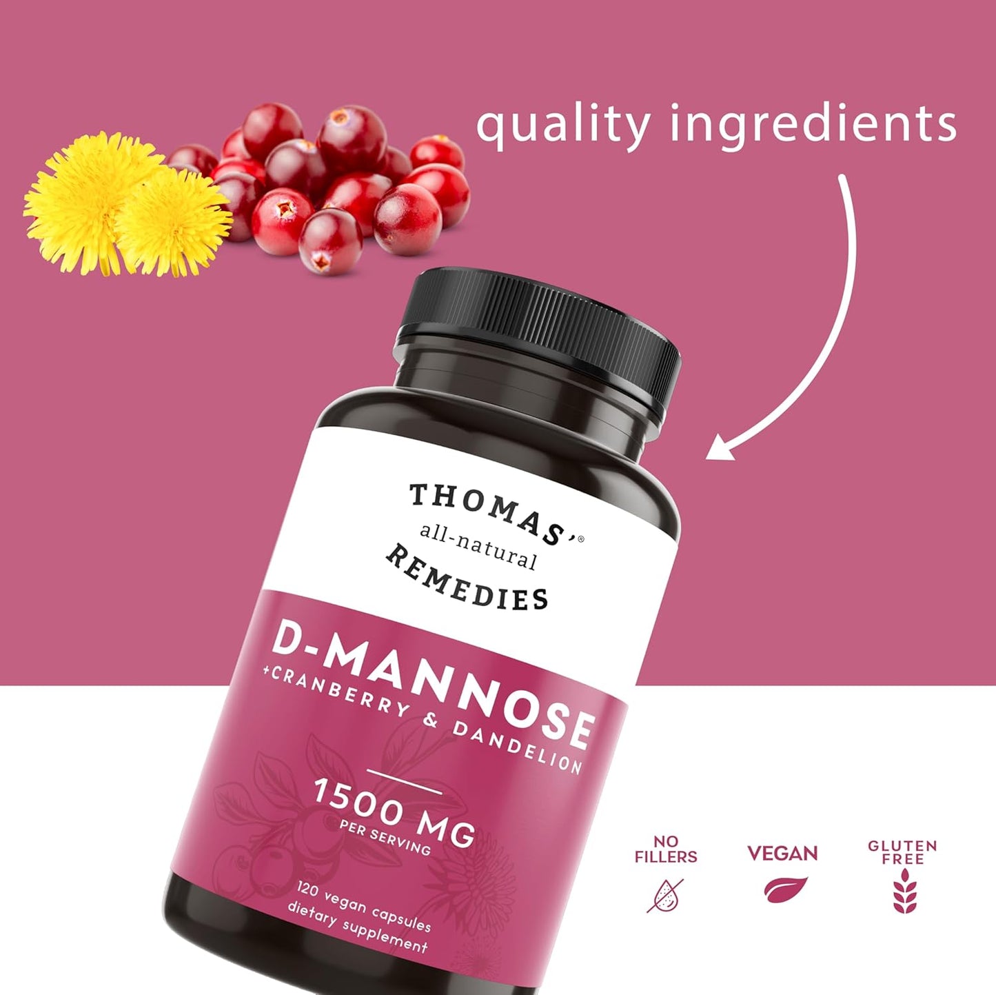 D-Mannose 1200mg Capsules with Cranberry and Dandelion - Natural UTI Support - Vegan Formula - 120 Capsules