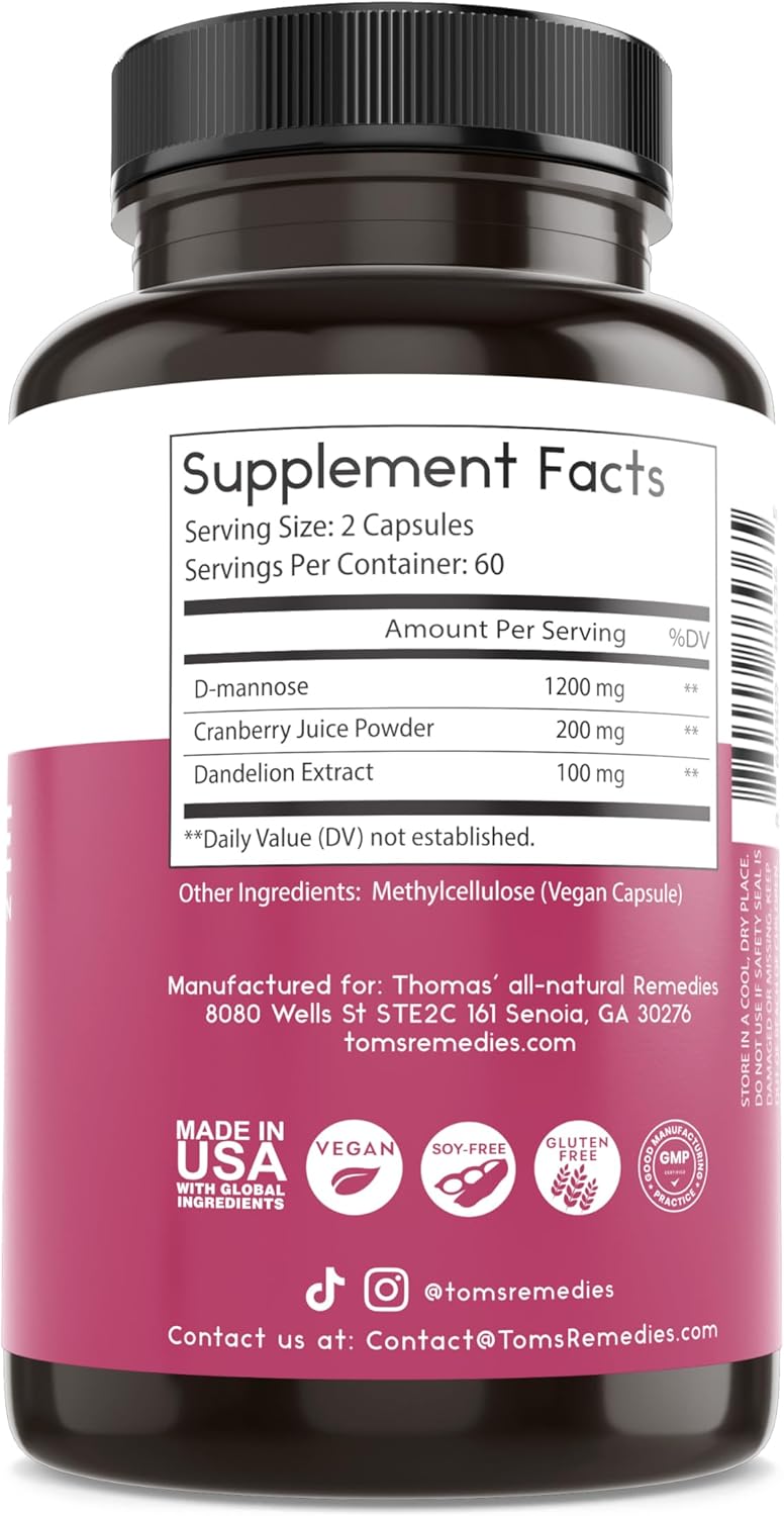 D-Mannose 1200mg Capsules with Cranberry and Dandelion - Natural UTI Support - Vegan Formula - 120 Capsules
