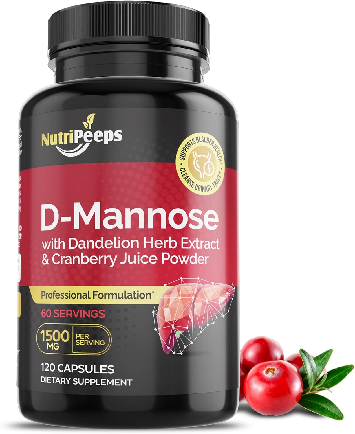 D-Mannose 1500mg Capsules with Dandelion and Cranberry Extracts - Natural UTI Support and Detox for Men and Women
