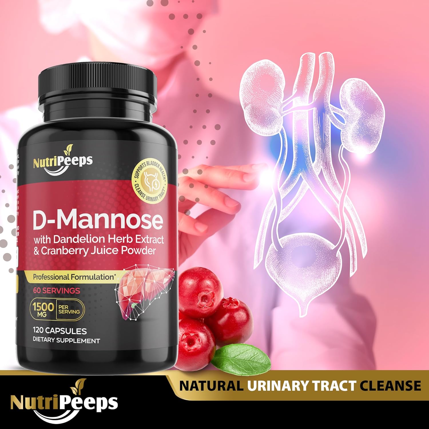 D-Mannose 1500mg Capsules with Dandelion and Cranberry Extracts - Natural UTI Support and Detox for Men and Women