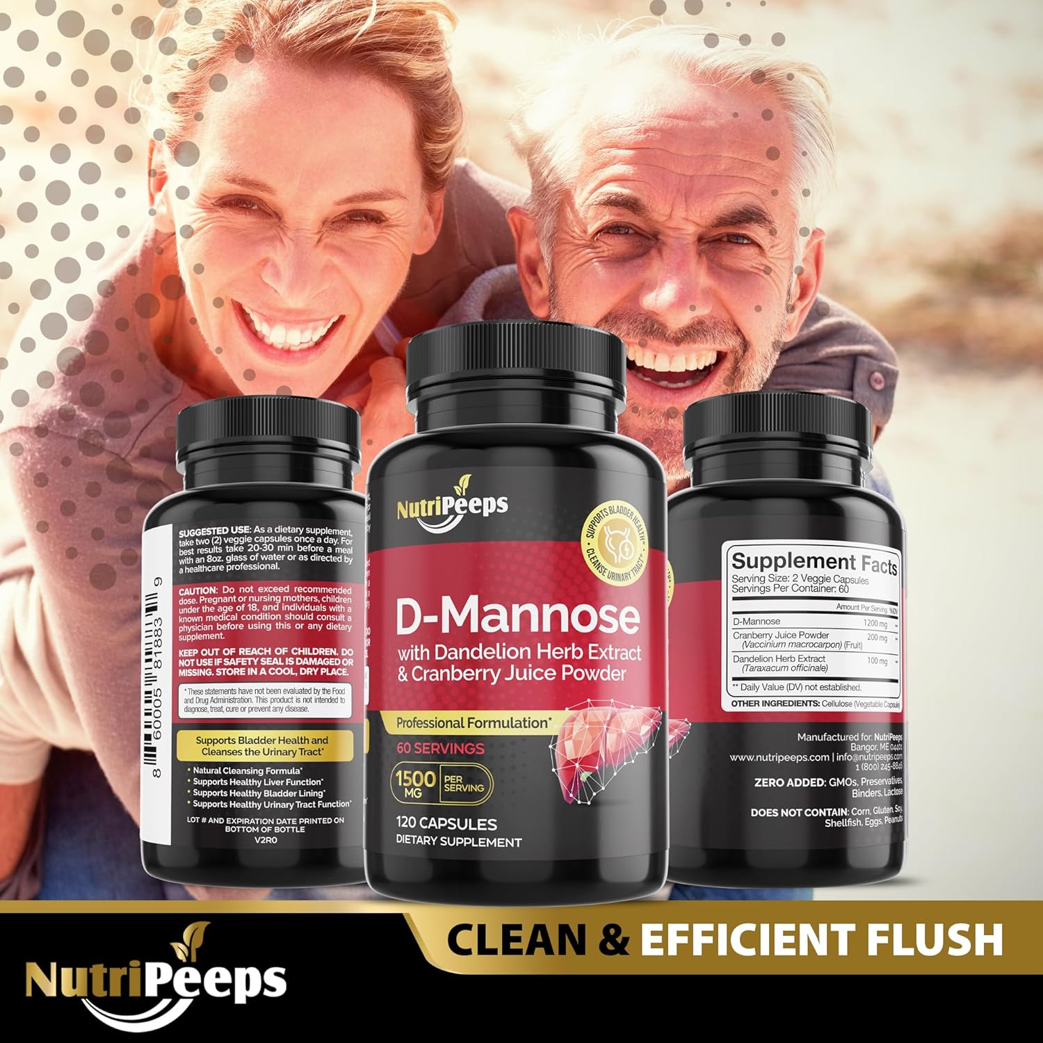 D-Mannose 1500mg Capsules with Dandelion and Cranberry Extracts - Natural UTI Support and Detox for Men and Women