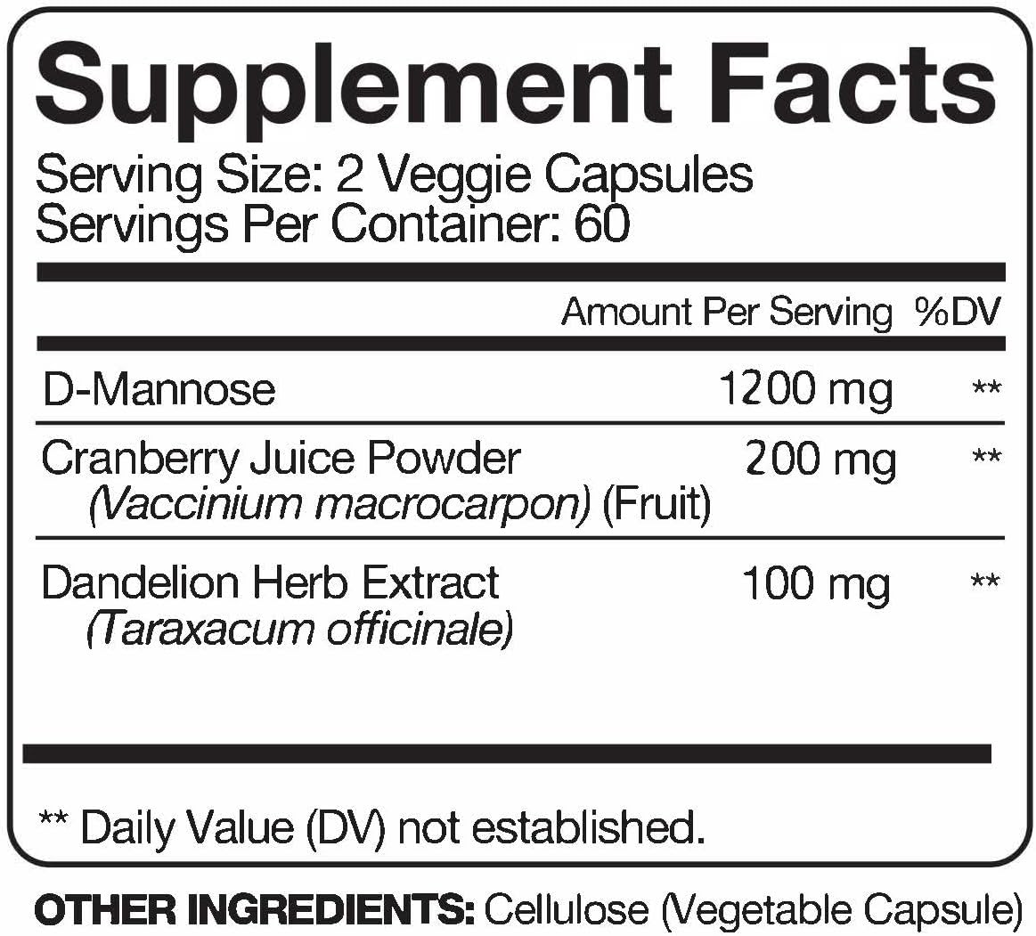 D-Mannose 1500mg Capsules with Dandelion and Cranberry Extracts - Natural UTI Support and Detox for Men and Women