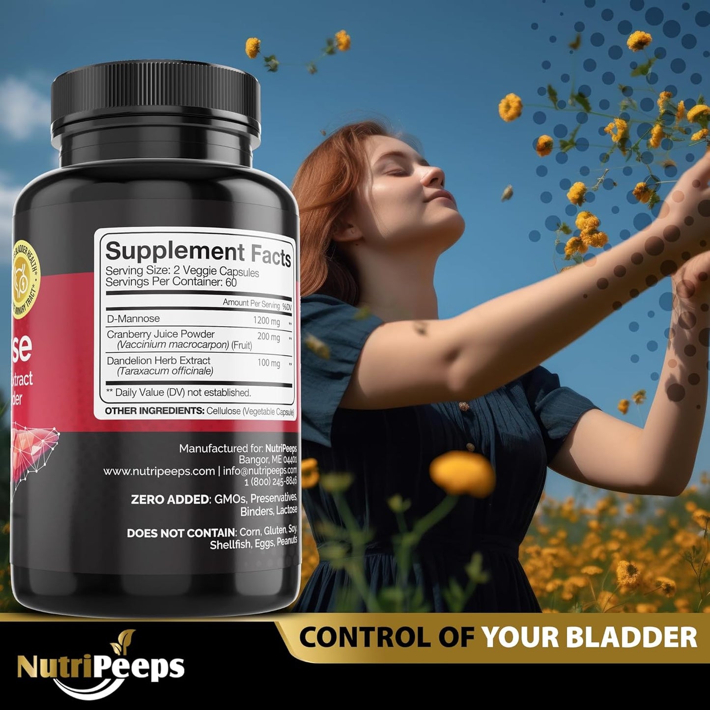 D-Mannose 1500mg Capsules with Dandelion and Cranberry Extracts - Natural UTI Support and Detox for Men and Women