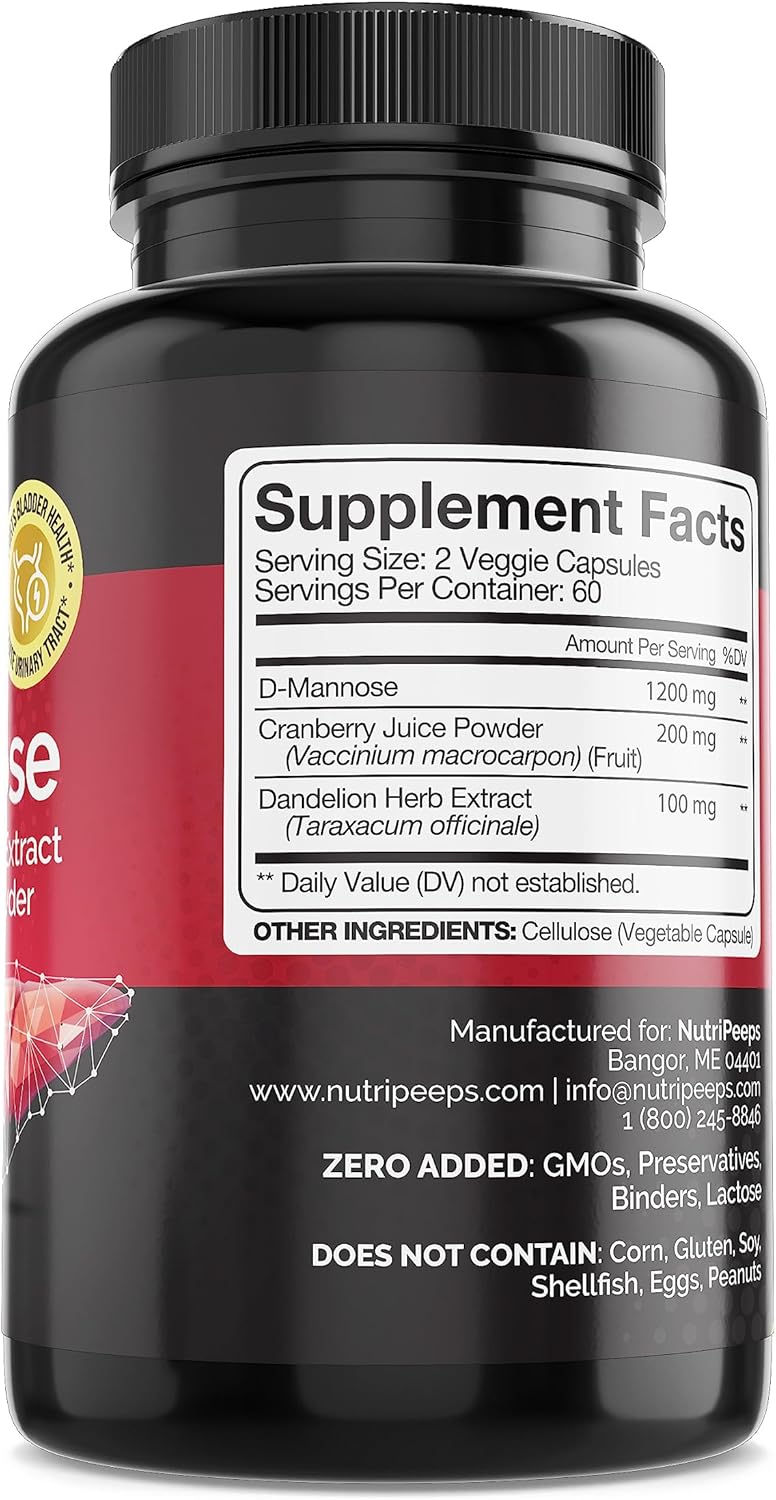 D-Mannose 1500mg Capsules with Dandelion and Cranberry Extracts - Natural UTI Support and Detox for Men and Women