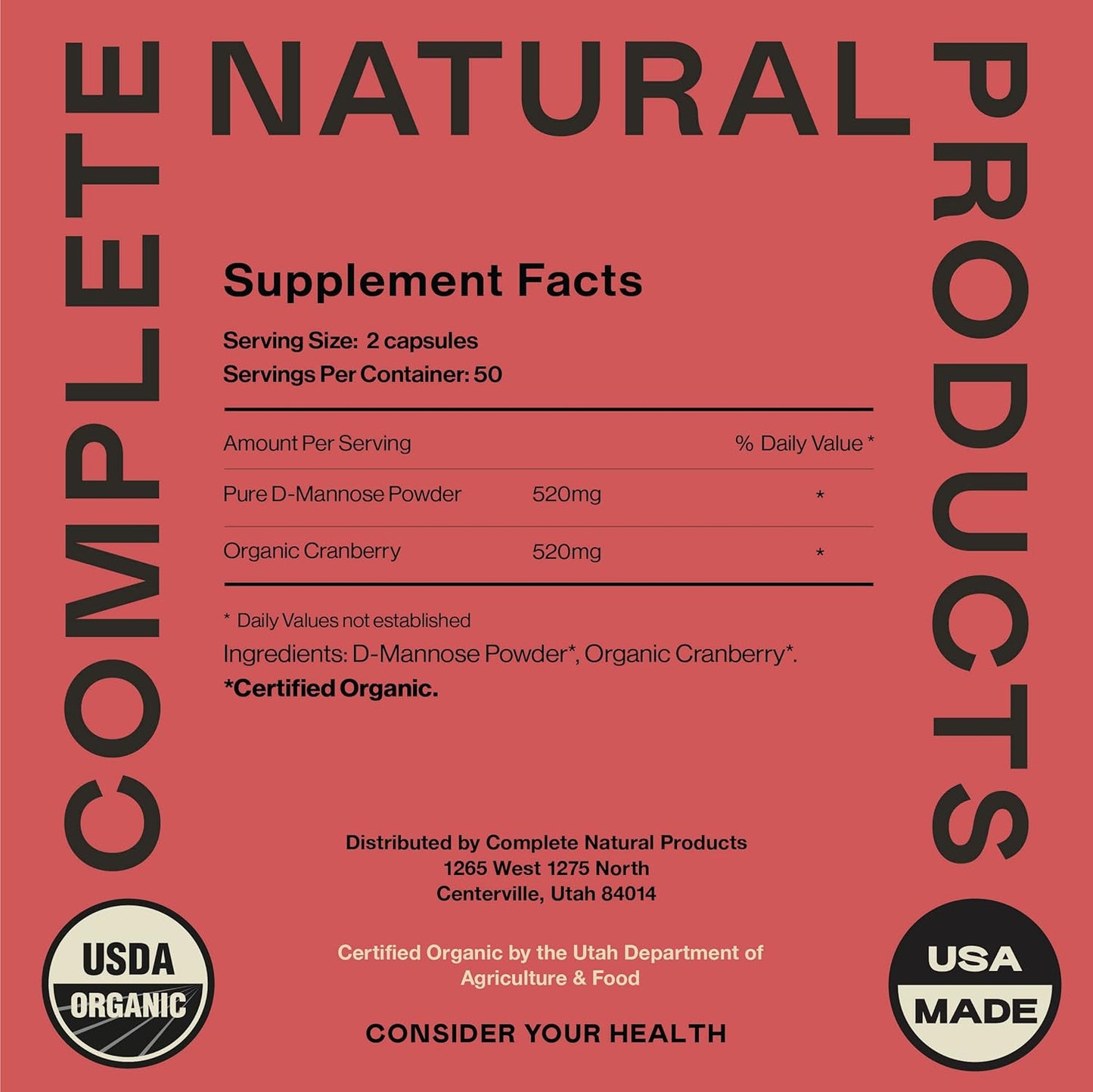 D-Mannose & Cranberry Capsules - 100 Capsules, 1040mg for Urinary Tract Health & UT Flush