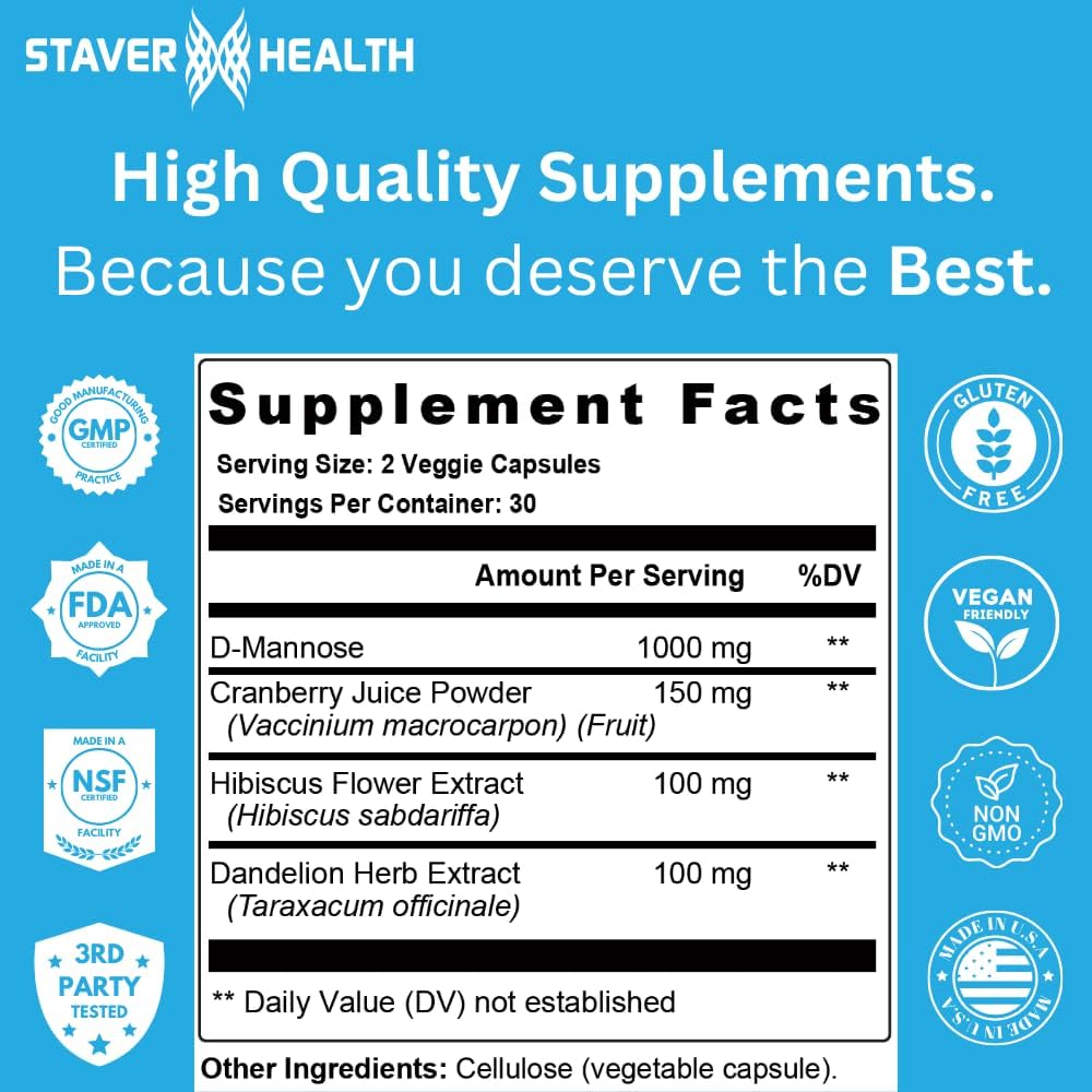 D-Mannose & Cranberry Capsules for Women's Urinary Tract Health - Dandelion Supplement, 60 CT