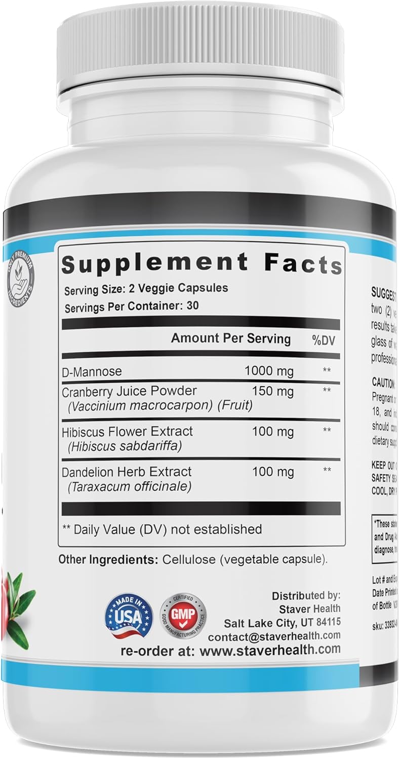 D-Mannose & Cranberry Capsules for Women's Urinary Tract Health - Dandelion Supplement, 60 CT
