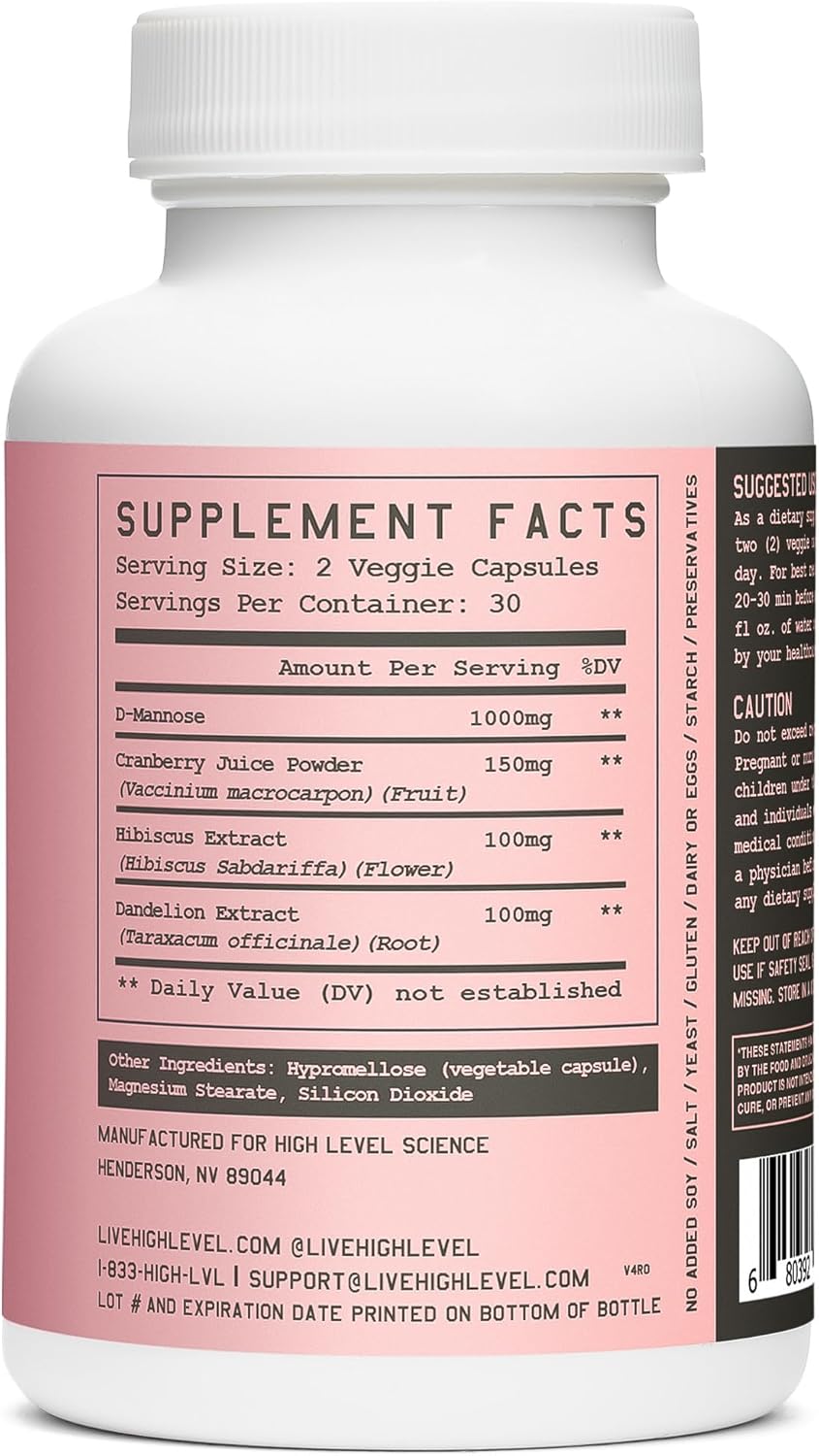 D-Mannose UT Supplement with Cranberry & Hibiscus for Women, Bladder Health Support, Cleanse & Flush, 60 Capsules