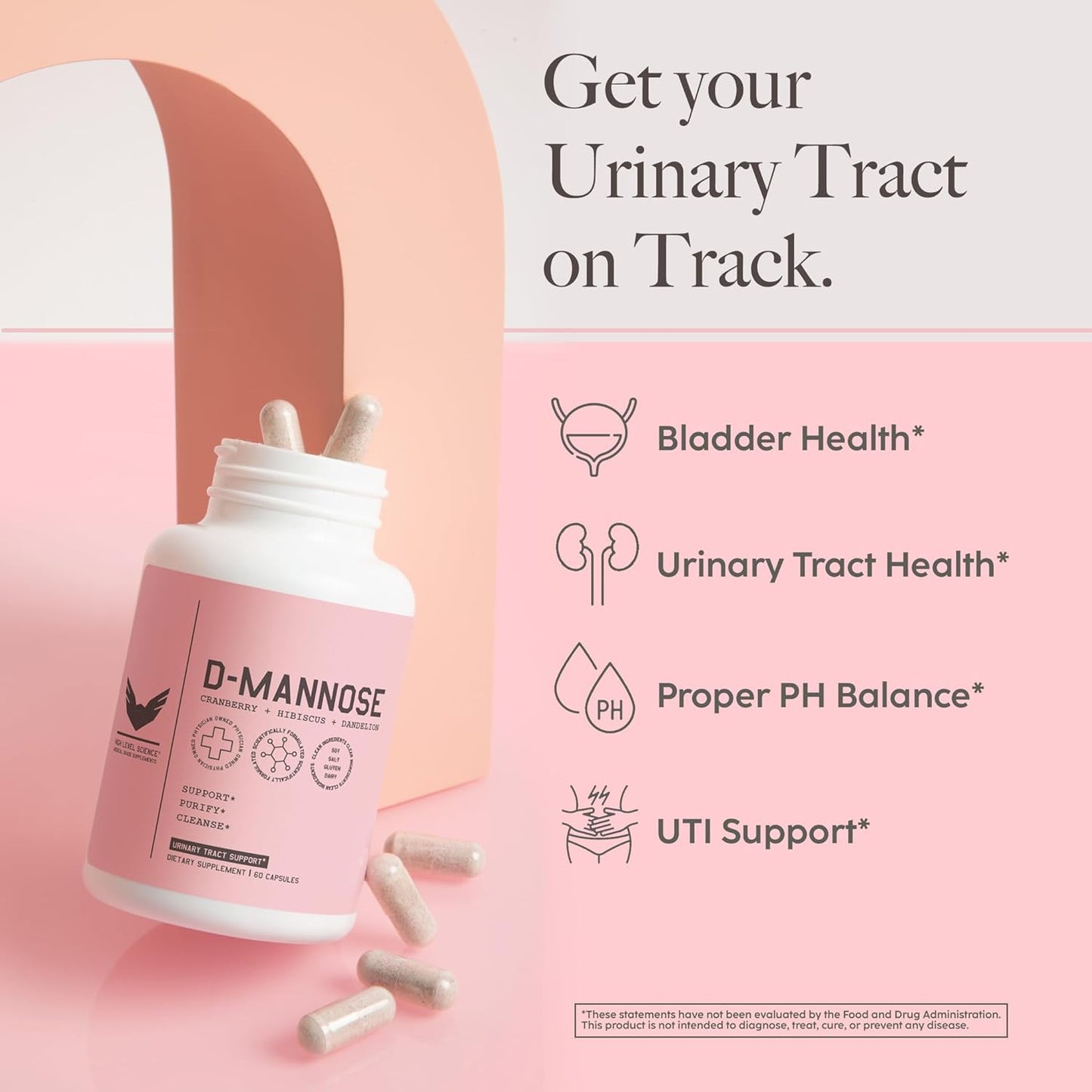 D-Mannose UT Supplement with Cranberry & Hibiscus for Women, Bladder Health Support, Cleanse & Flush, 60 Capsules