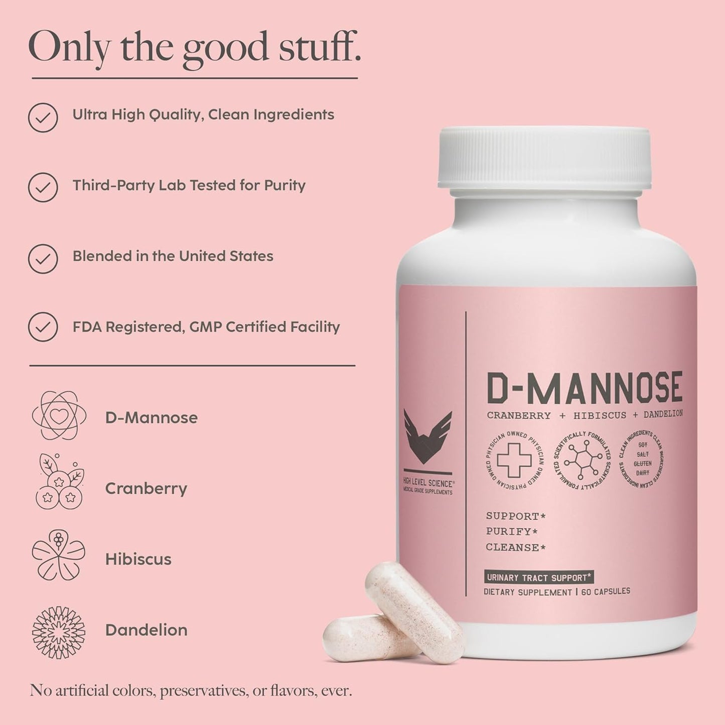 D-Mannose UT Supplement with Cranberry & Hibiscus for Women, Bladder Health Support, Cleanse & Flush, 60 Capsules