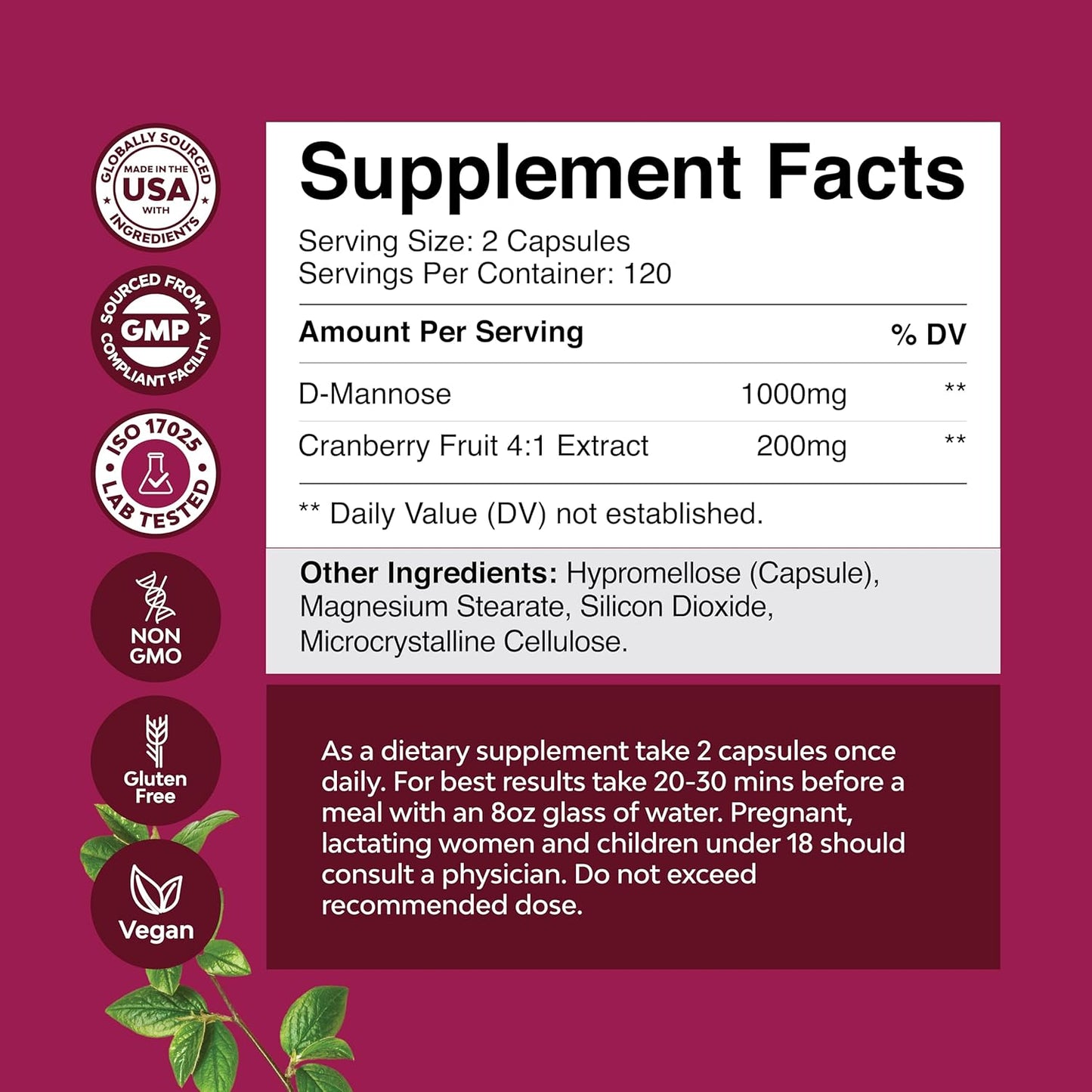D-Mannose with Cranberry Extract Capsules - 1000mg per Serving - Kidney Cleanse and UTI Support for Women - 4 Month Supply