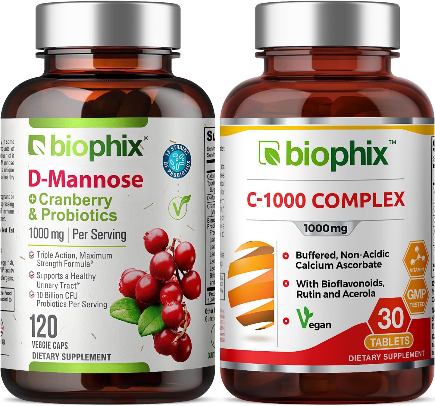 D-Mannose with Cranberry Probiotics 1000mg Vcaps - 120 Count + Free Vitamin C-1000 Tablets - Promotes Urinary and Digestive Health