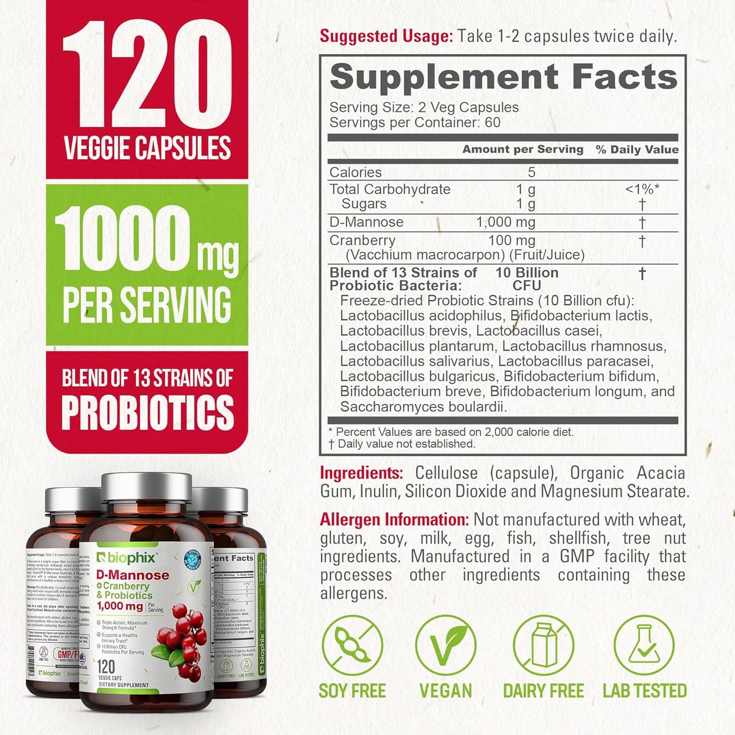 D-Mannose with Cranberry Probiotics 1000mg Vcaps - 120 Count + Free Vitamin C-1000 Tablets - Promotes Urinary and Digestive Health