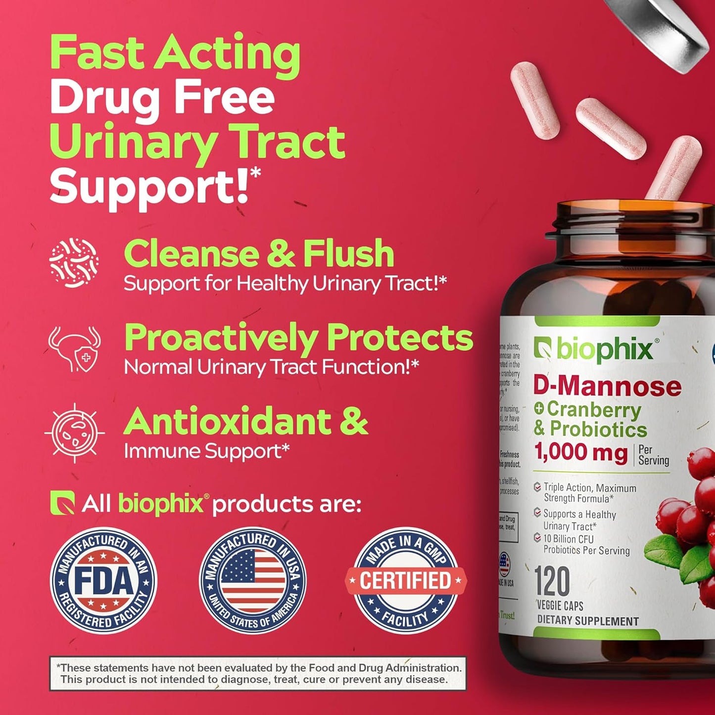 D-Mannose with Cranberry Probiotics 1000mg Vcaps - 120 Count + Free Vitamin C-1000 Tablets - Promotes Urinary and Digestive Health