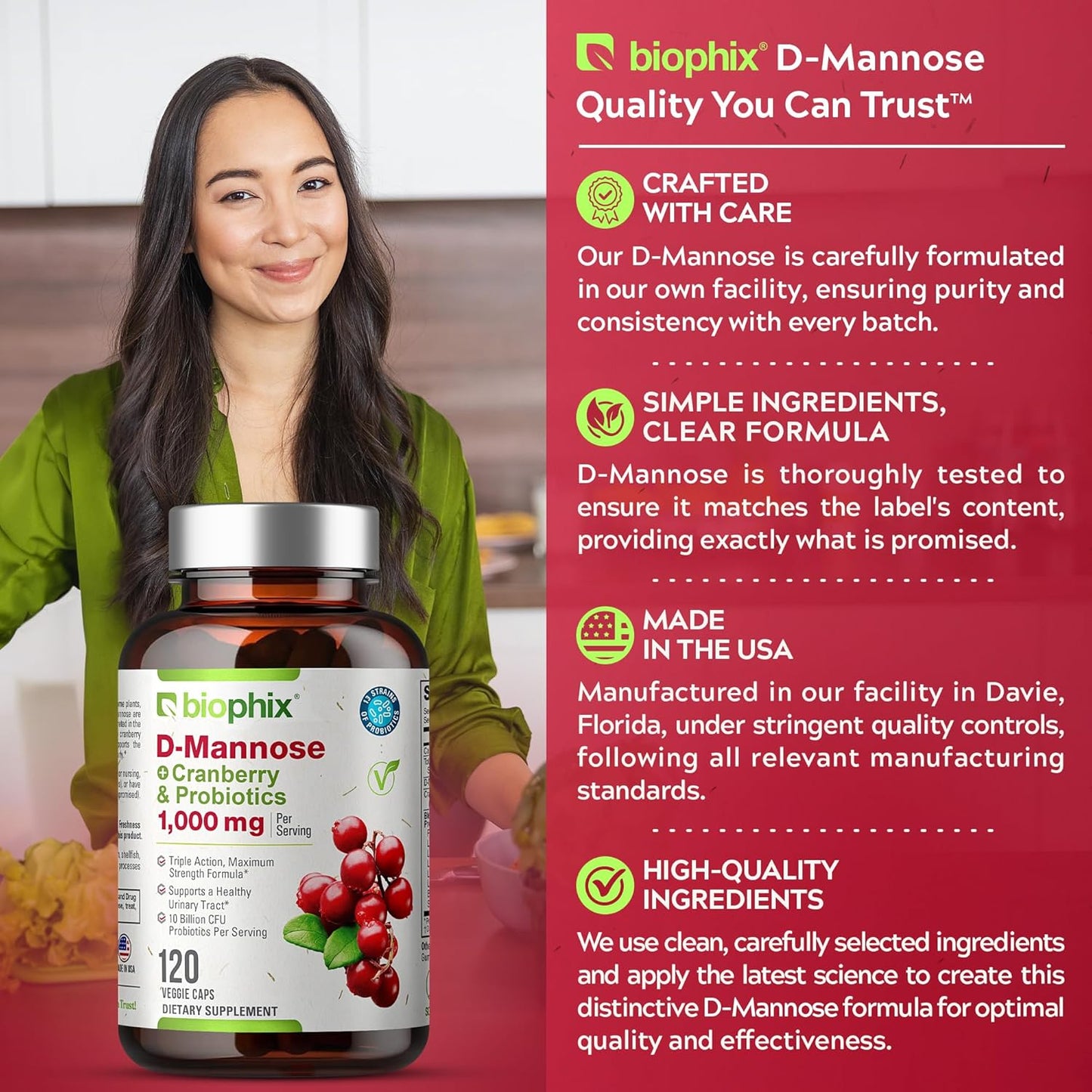 D-Mannose with Cranberry Probiotics 1000mg Vcaps - 120 Count + Free Vitamin C-1000 Tablets - Promotes Urinary and Digestive Health