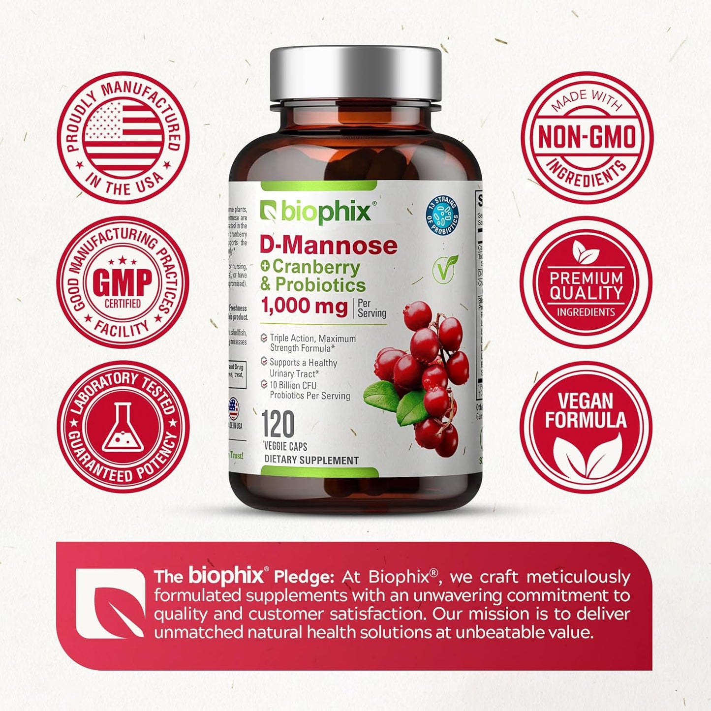 D-Mannose with Cranberry Probiotics 1000mg Vcaps - 120 Count + Free Vitamin C-1000 Tablets - Promotes Urinary and Digestive Health
