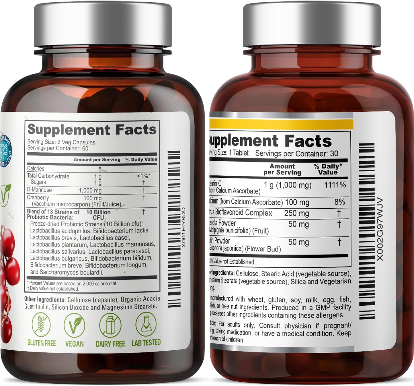 D-Mannose with Cranberry Probiotics 1000mg Vcaps - 120 Count + Free Vitamin C-1000 Tablets - Promotes Urinary and Digestive Health