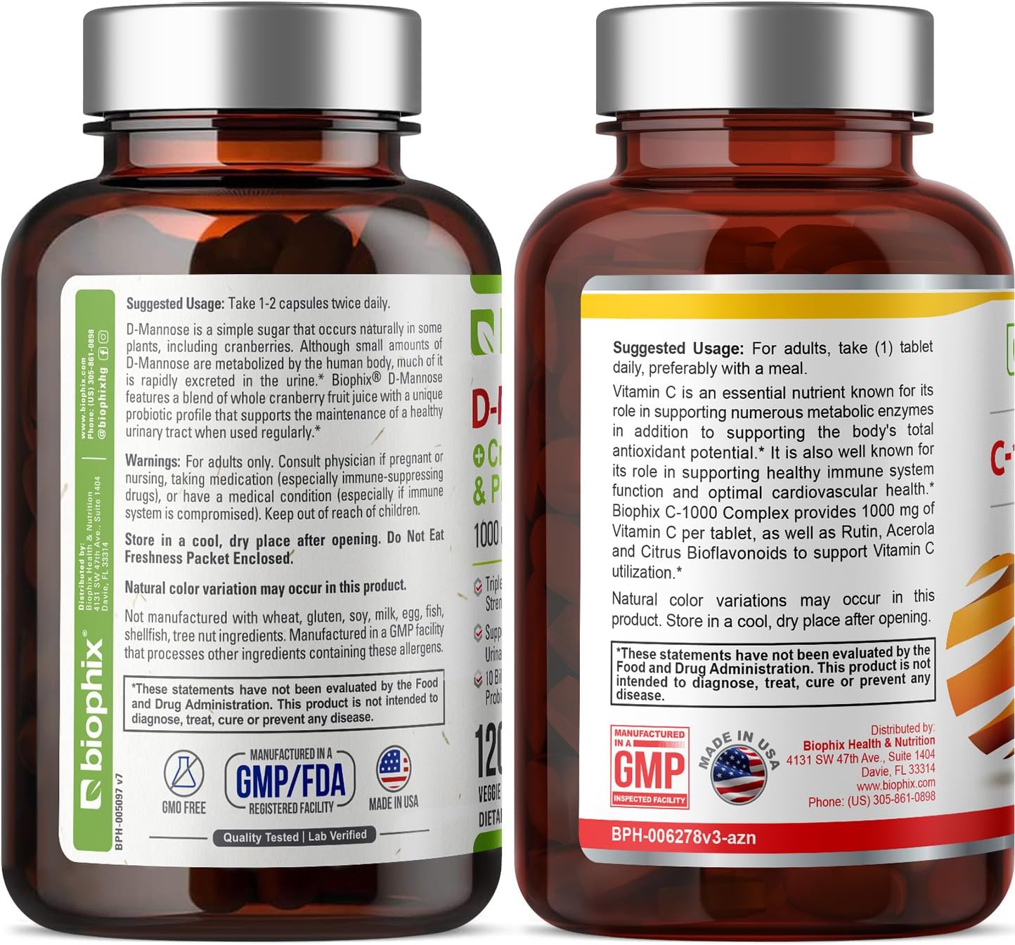D-Mannose with Cranberry Probiotics 1000mg Vcaps - 120 Count + Free Vitamin C-1000 Tablets - Promotes Urinary and Digestive Health