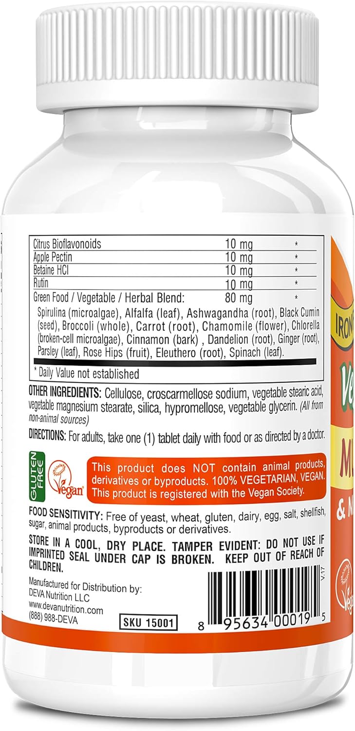 Daily Vegan Multivitamin with Minerals & Greens - Iron-Free Formula - 90 Tablets