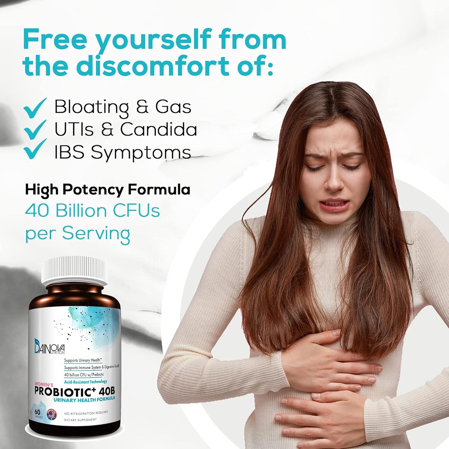 Dainova Probiotics for Women: 40 Bil CFU for Vaginal & Urinary Tract Health, Yeast Infection, UTI - 60 Capsules