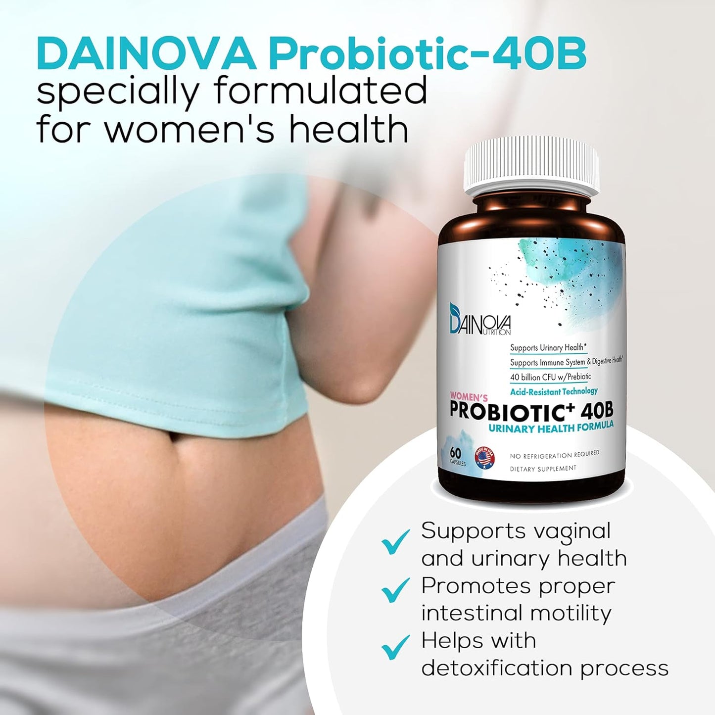 Dainova Probiotics for Women: 40 Bil CFU for Vaginal & Urinary Tract Health, Yeast Infection, UTI - 60 Capsules