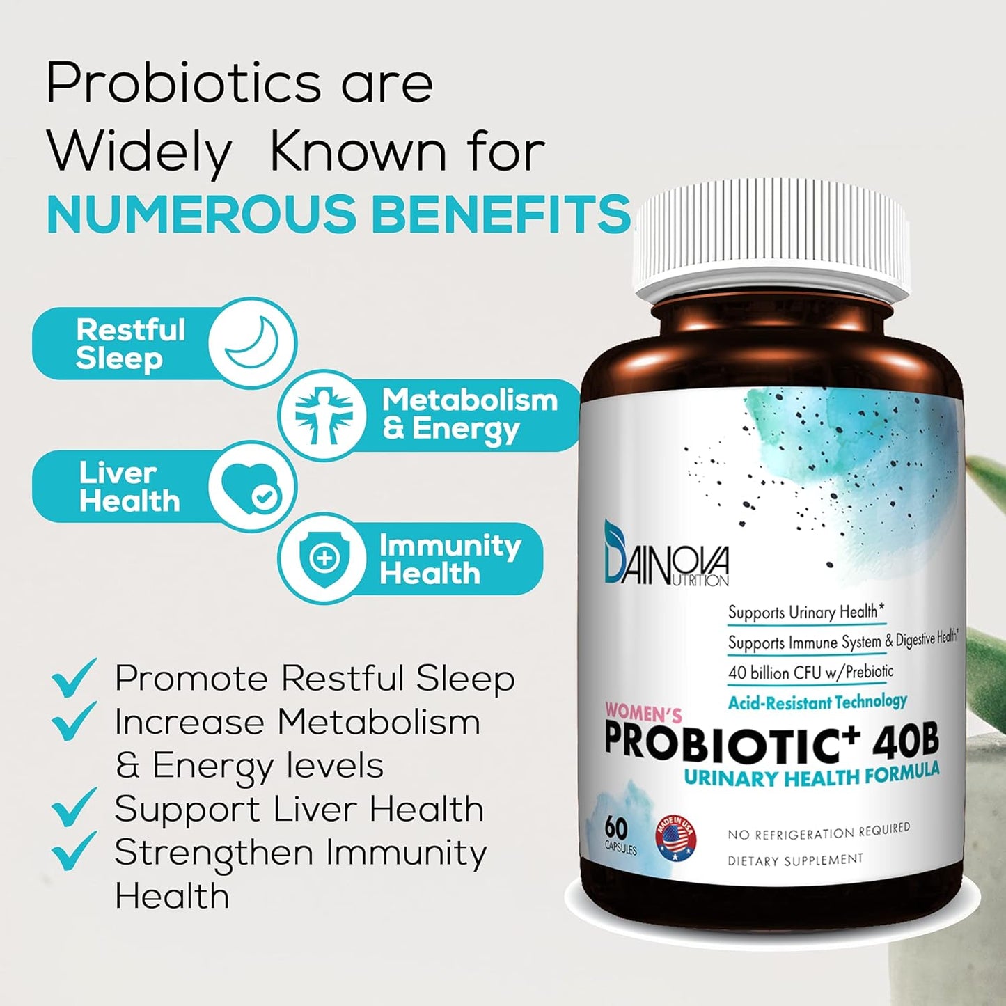 Dainova Probiotics for Women: 40 Bil CFU for Vaginal & Urinary Tract Health, Yeast Infection, UTI - 60 Capsules