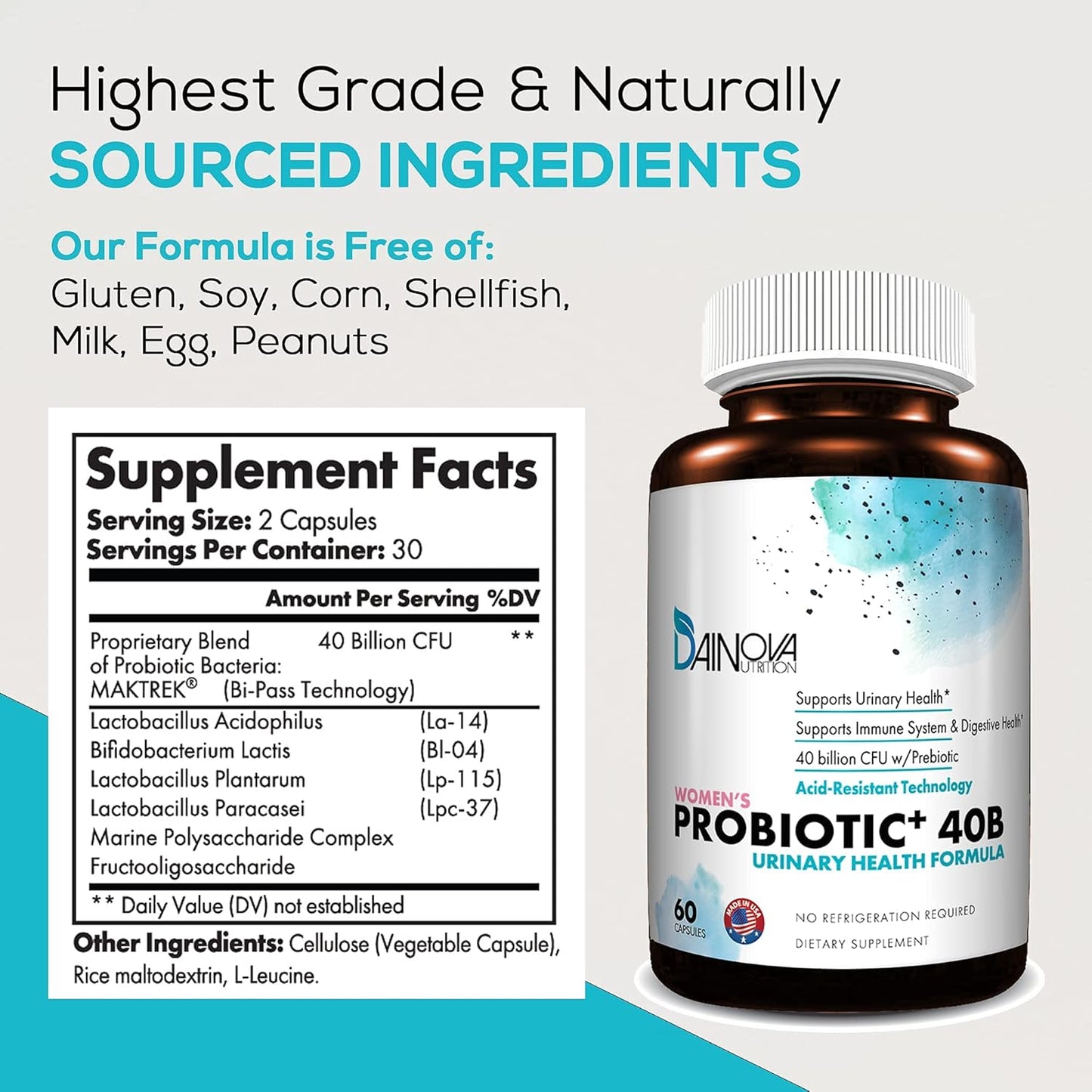 Dainova Probiotics for Women: 40 Bil CFU for Vaginal & Urinary Tract Health, Yeast Infection, UTI - 60 Capsules