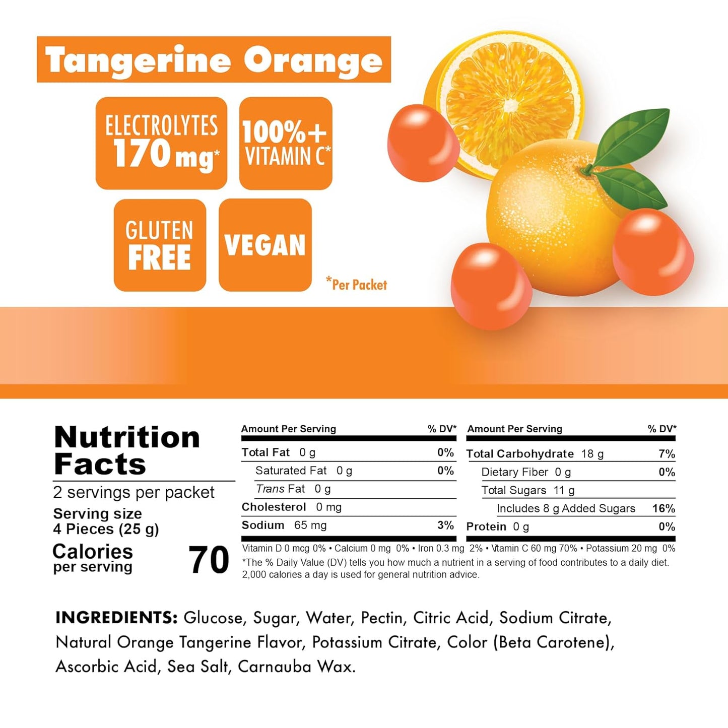 Dairy-Free Gluten-Free Tangerine Orange Energy Chews for Quick Energy and Focus - 1 Box of 10 Packets