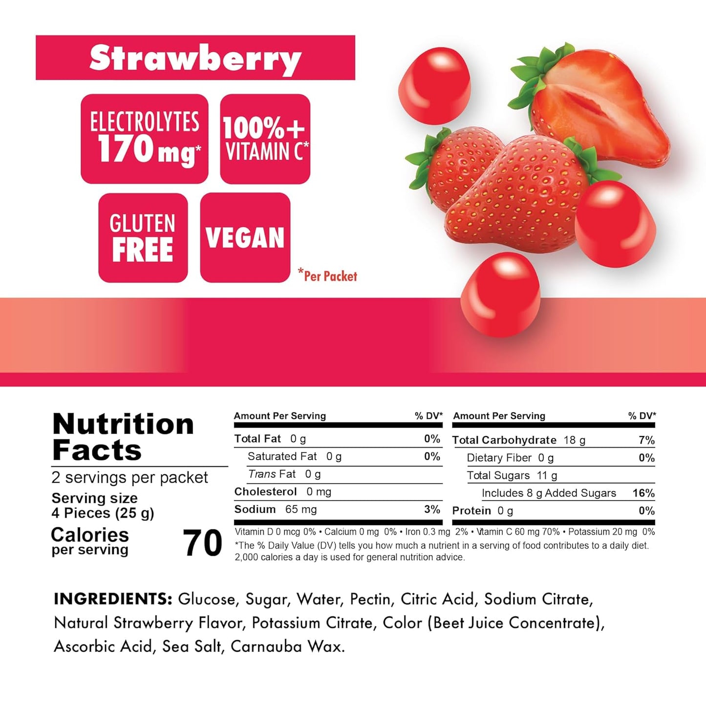 Dairy-Free Strawberry Energy Chews for Quick Energy & Focus - Gluten-Free - 1 Box of 10 Packets