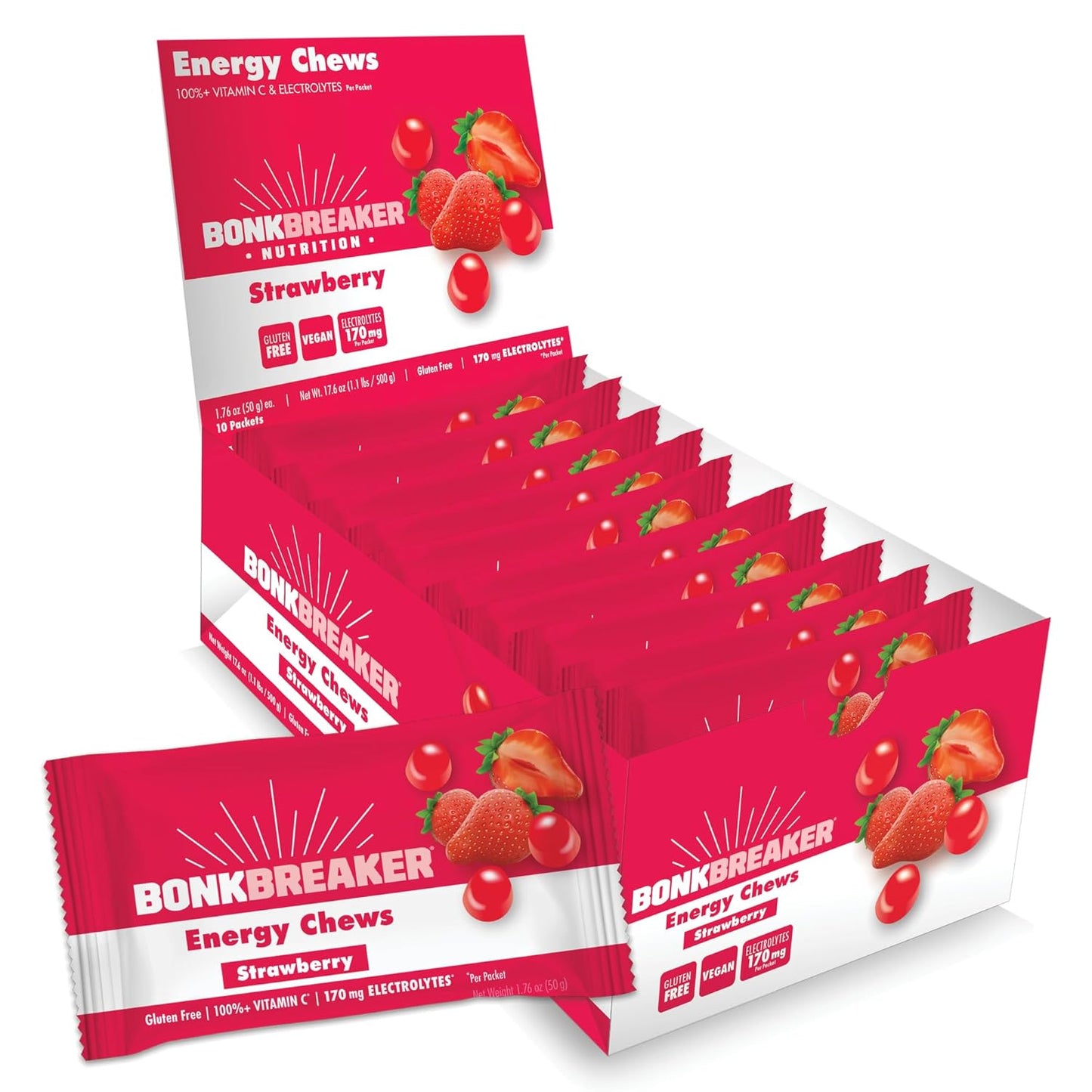 Dairy-Free Strawberry Energy Chews for Quick Energy & Focus - Gluten-Free - 1 Box of 10 Packets