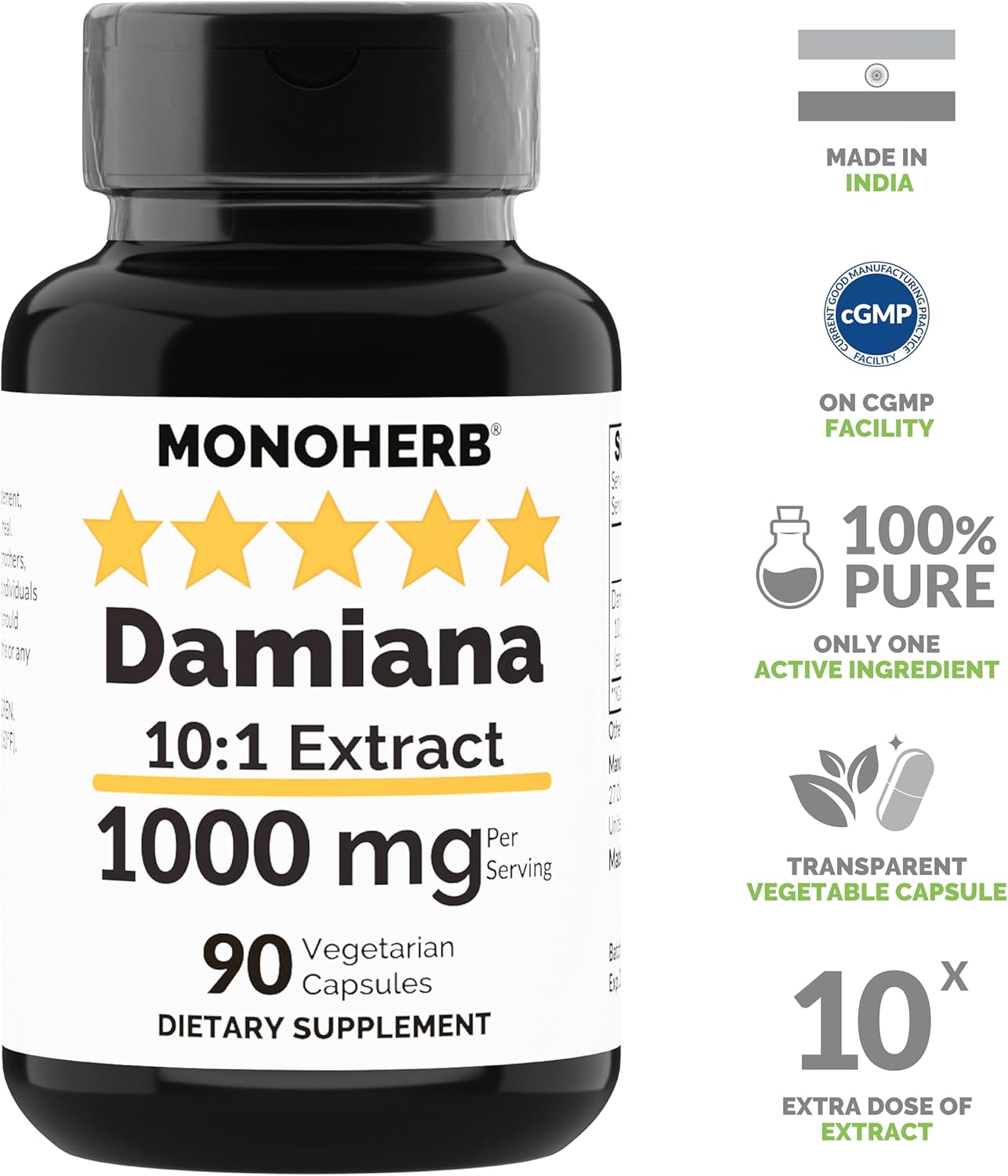 Damiana Extract Capsules - 1000mg, 90 Vegetarian Capsules by MONOHERB