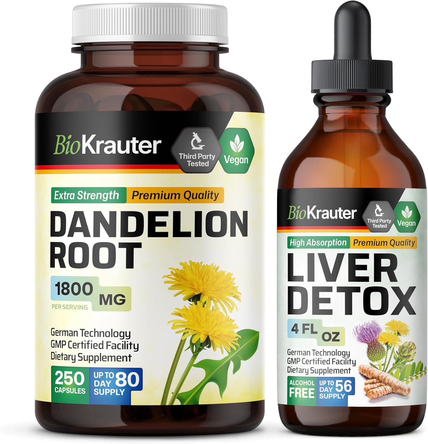 Dandelion Root Capsules and Liver Support Tincture 250 Capsules + 4 Fl. Oz.