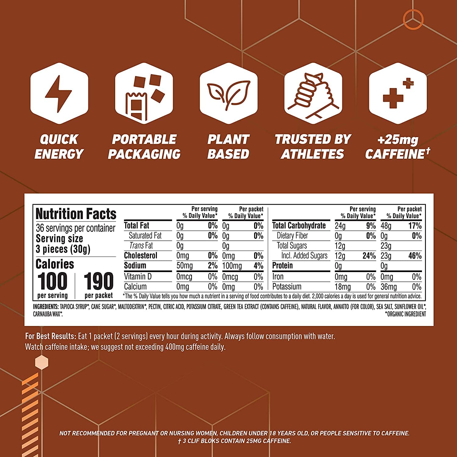 DAONEG CLIF BLOKS - Orange Energy Chews with Caffeine - Non-GMO Plant Based Fuel for Cycling & Running - Workout Snack - 2.1oz Packet (3 Count)