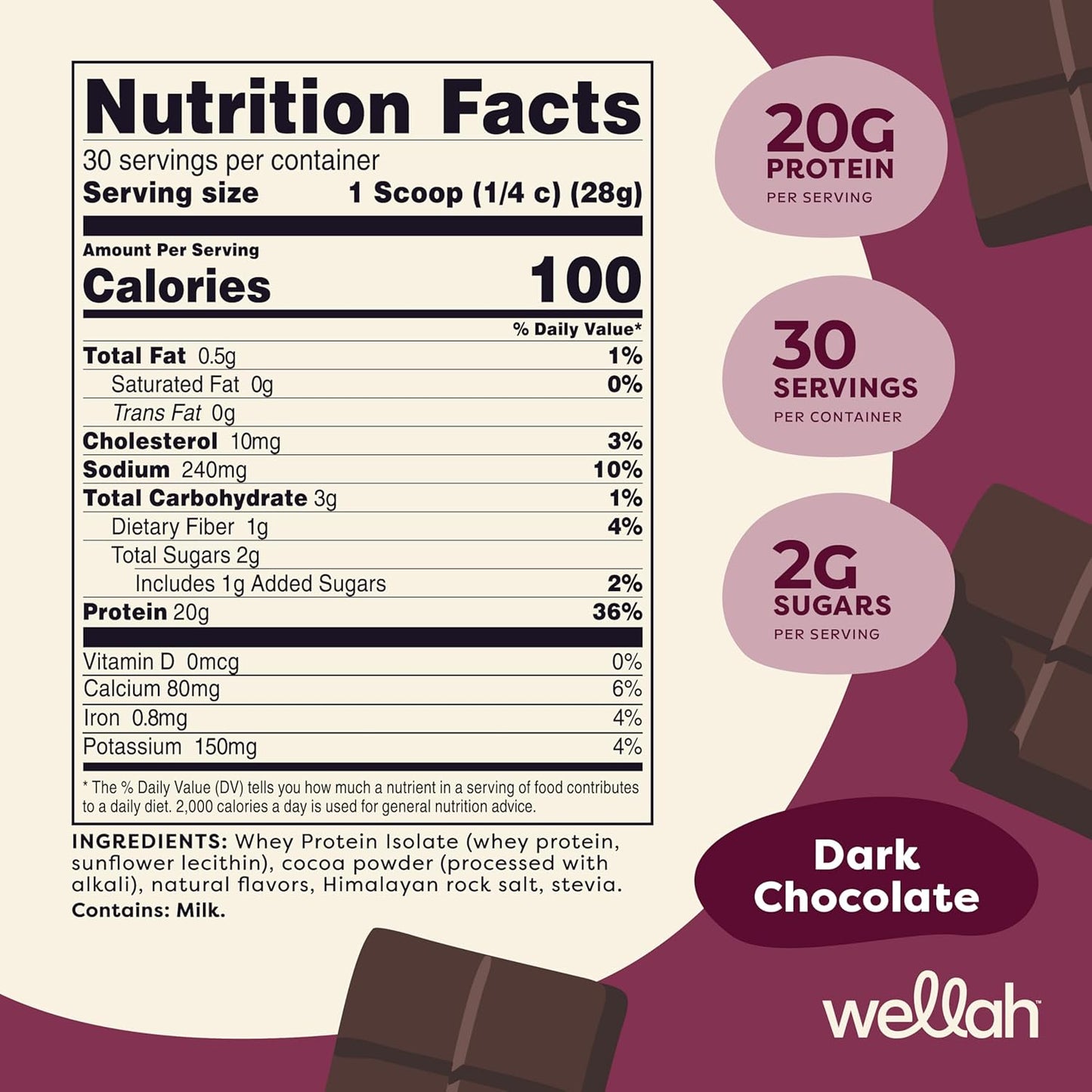 Dark Chocolate Whey Protein Isolate Powder - 30 Servings by Wellah Protein