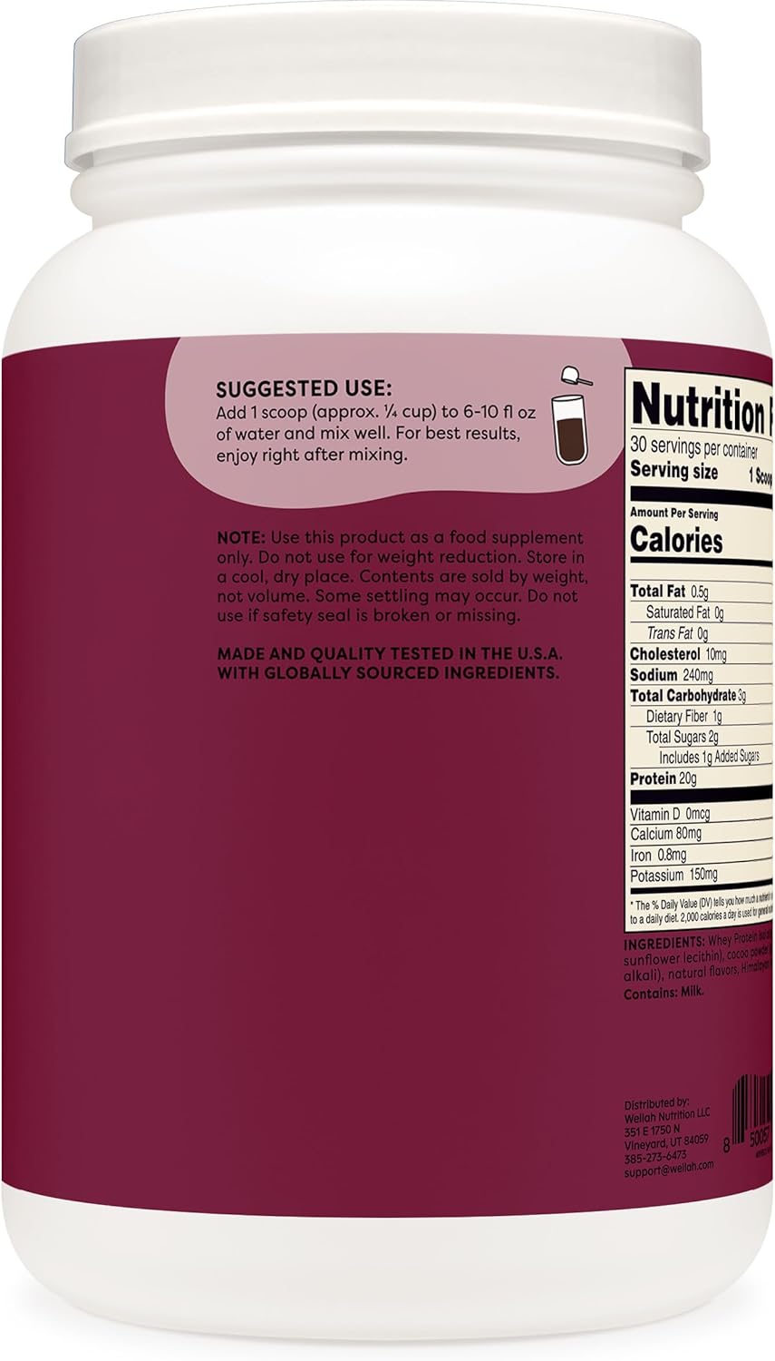 Dark Chocolate Whey Protein Isolate Powder - 30 Servings by Wellah Protein