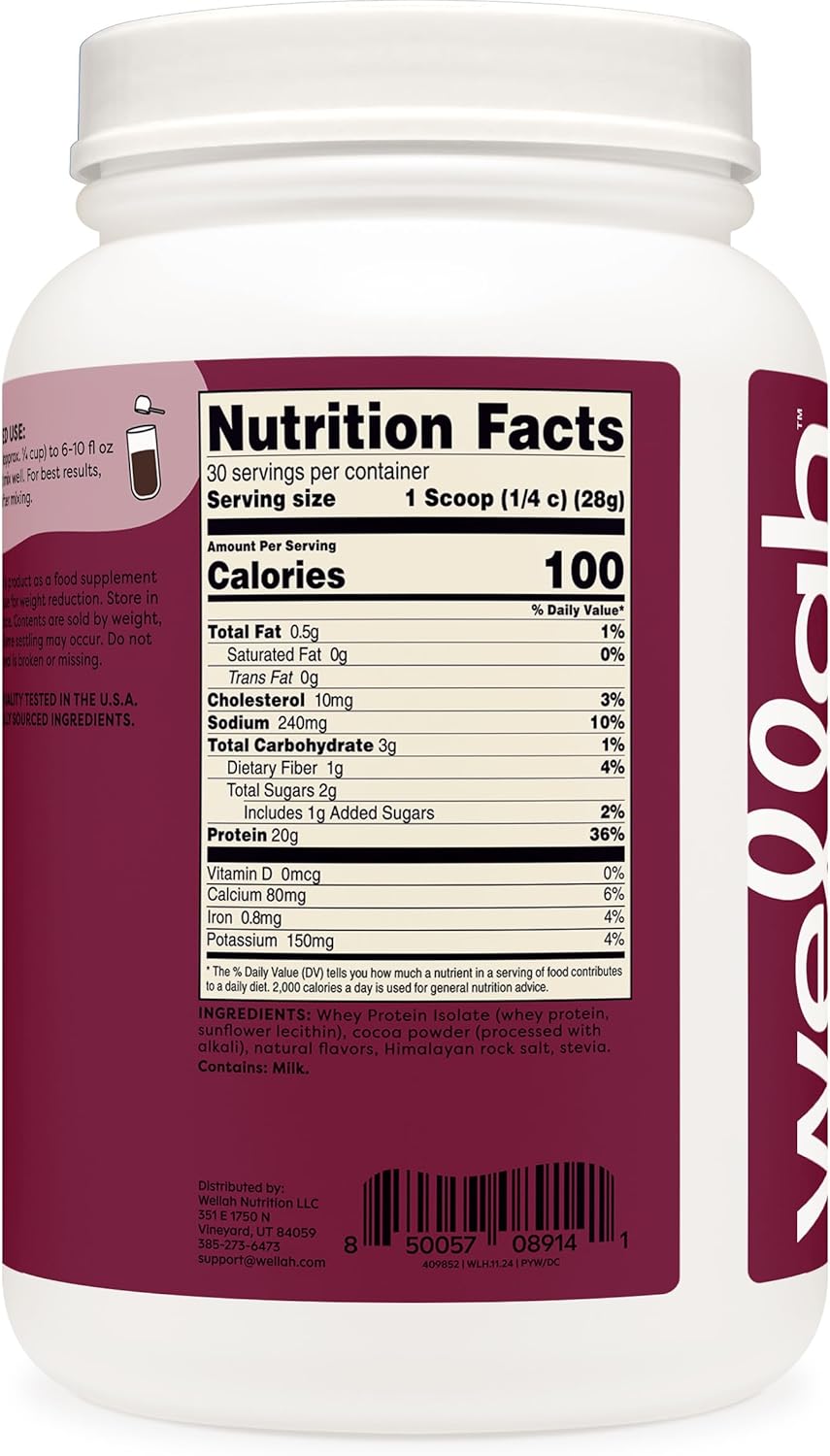Dark Chocolate Whey Protein Isolate Powder - 30 Servings by Wellah Protein