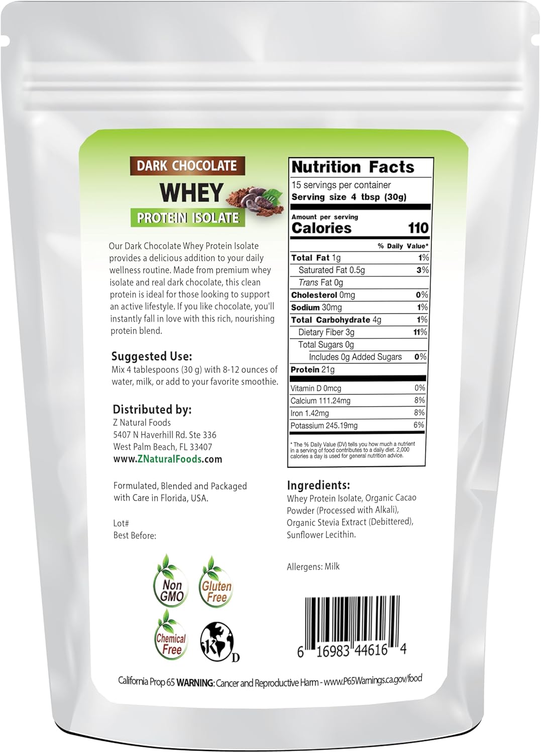 Dark Chocolate Whey Protein Isolate Powder - Zero Sugar, All Natural, Hormone Free - Gluten Free - 1 lb