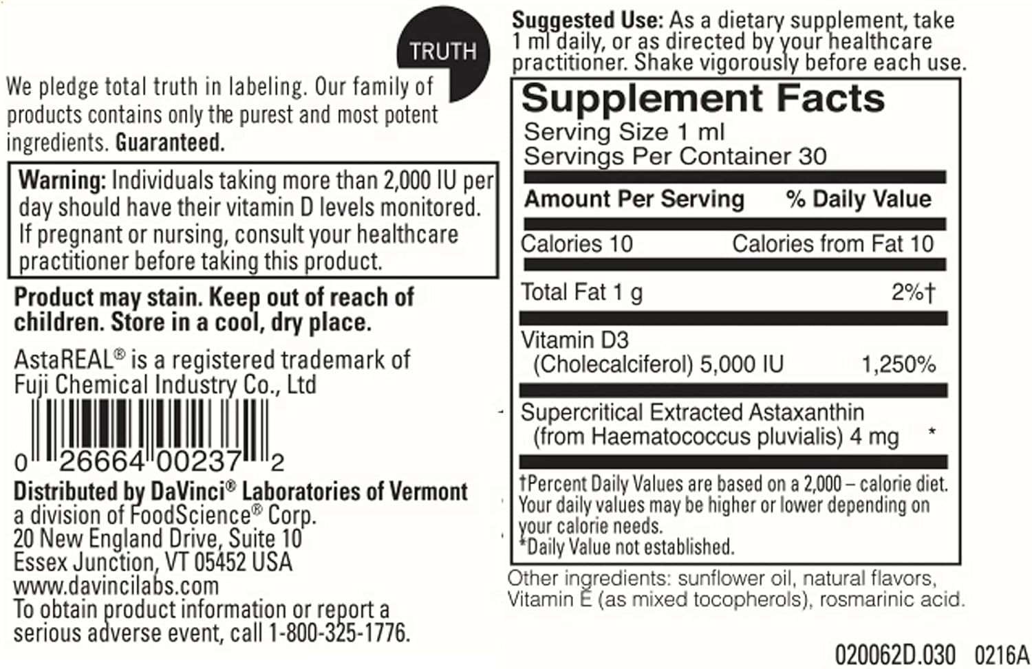 Davinci Laboratories Astaxanthin D3 Liquid Supplement - 1 fl oz Bottle