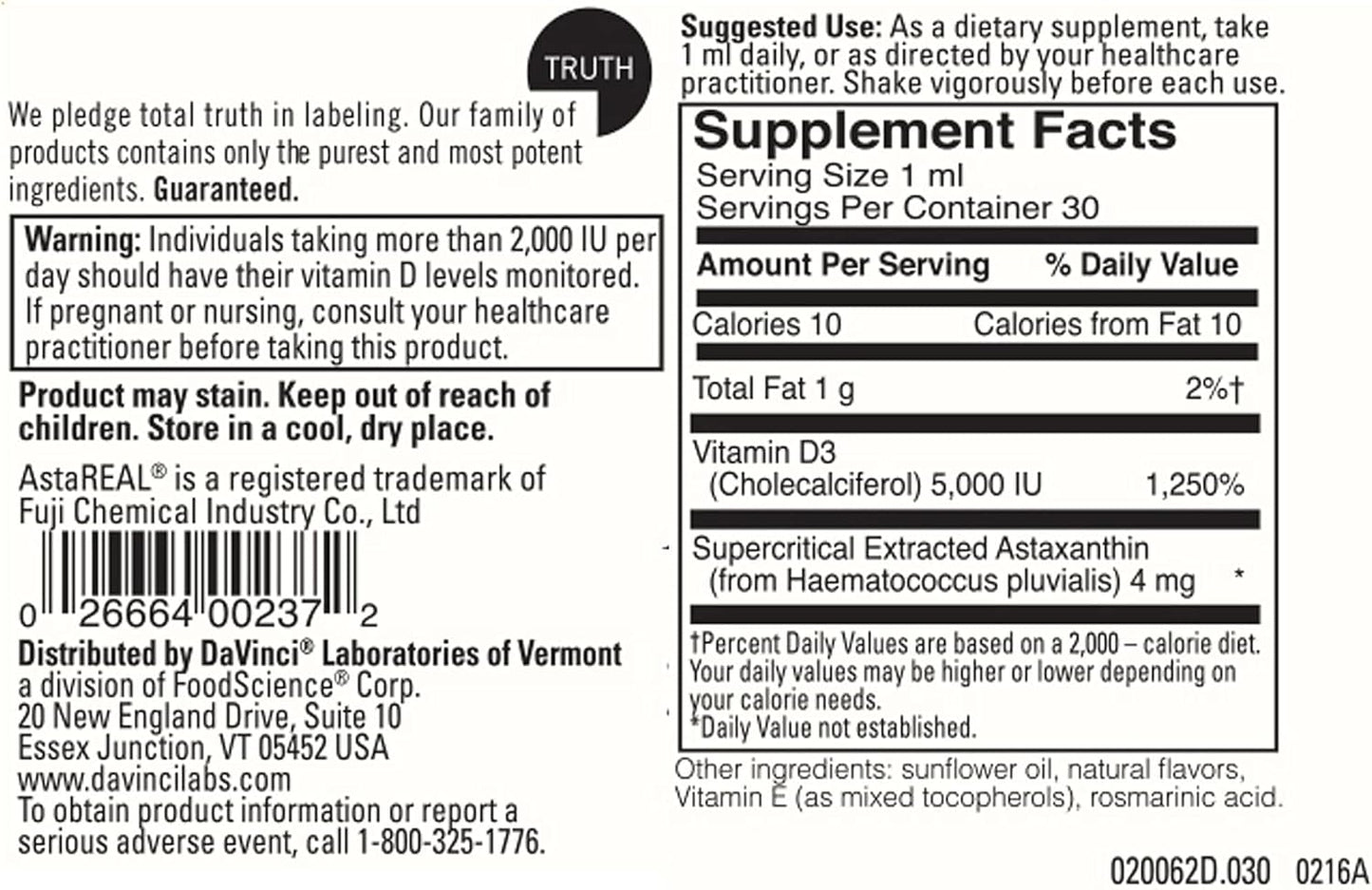 Davinci Laboratories Astaxanthin D3 Liquid Supplement - 1 fl oz Bottle