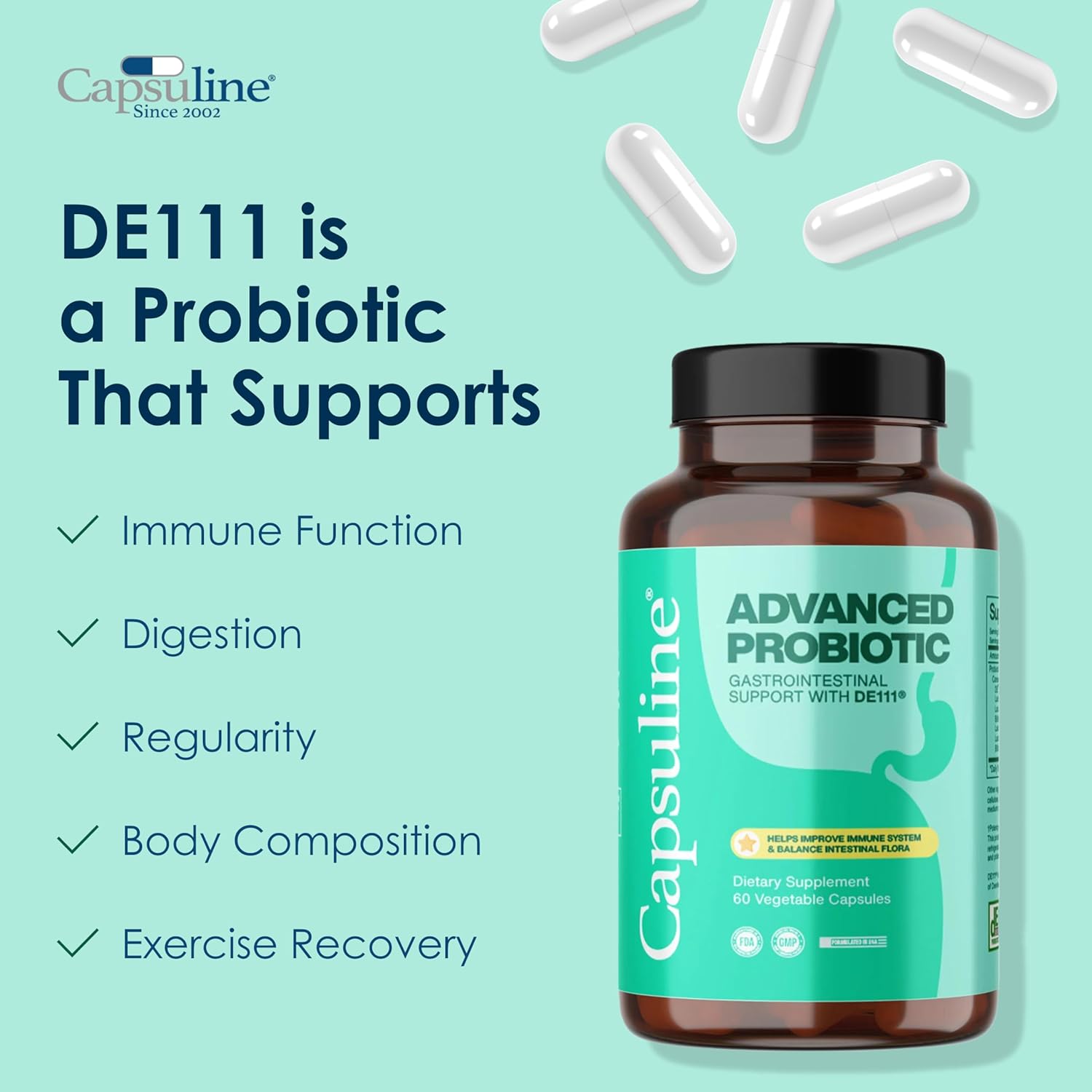 DE111 Strain Bacillus Subtilis Probiotic Capsules for Digestive & Immune Support - 11.5 Billion CFU Daily Supplement for Men & Women