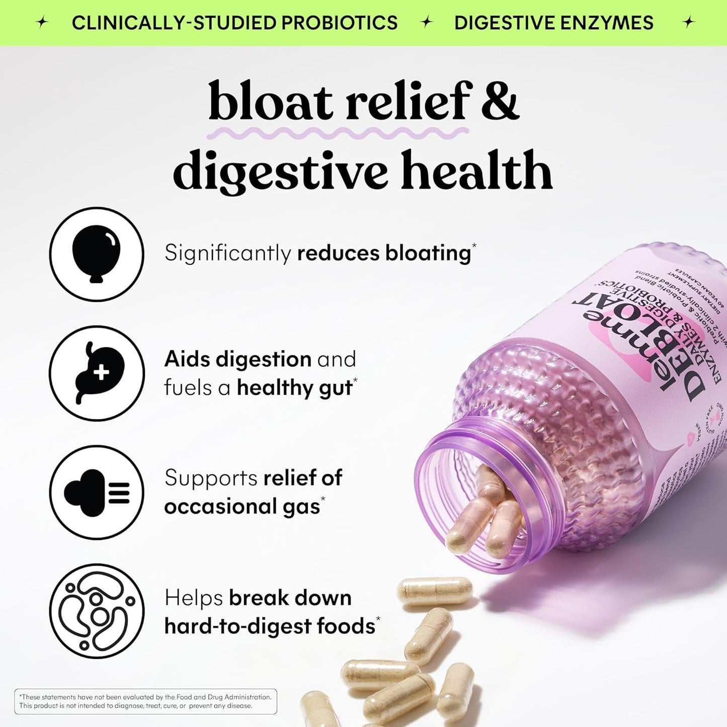 Debloat 3-in-1 Prebiotic, Probiotic & Enzyme Capsules for Bloating & Gas Relief - 2 Probiotics w/5 Enzymes, Improve Digestion - Vegan, 60 ct